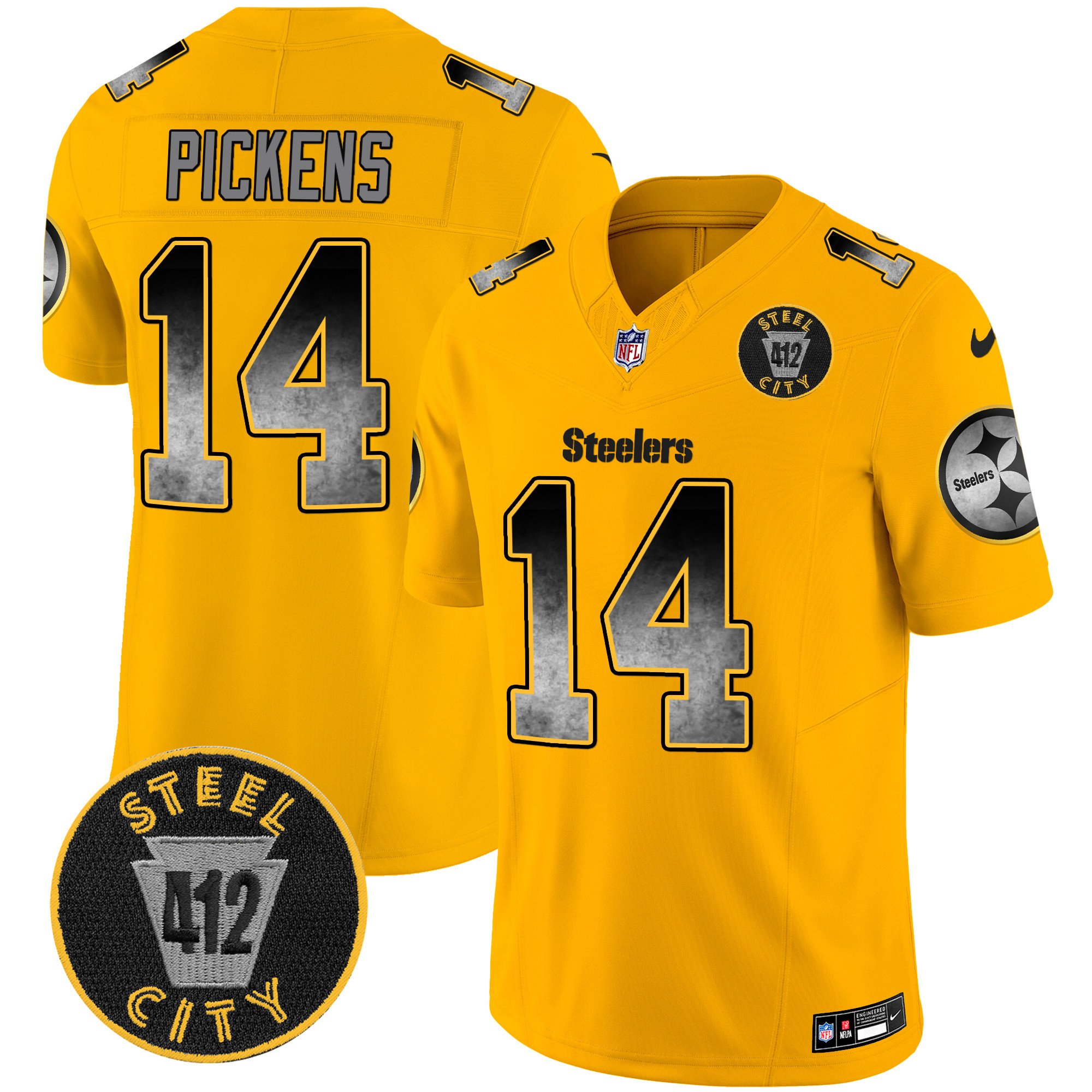 Men's George Pickens Pittsburgh Steelers Arch Smoke 412 Patch Vapor Limited Gold Jersey - All Stitched