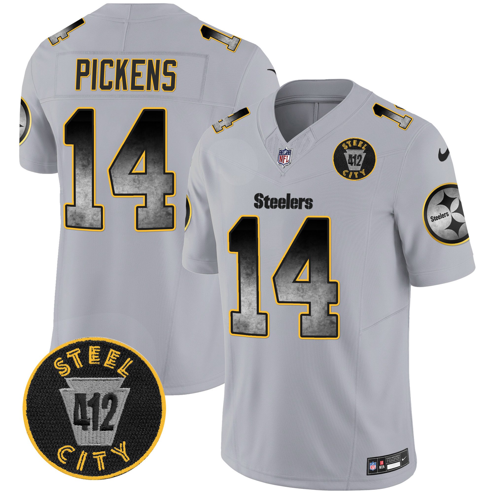 Men's George Pickens Pittsburgh Steelers Arch Smoke 412 Patch Vapor Limited Gray Jersey - All Stitched
