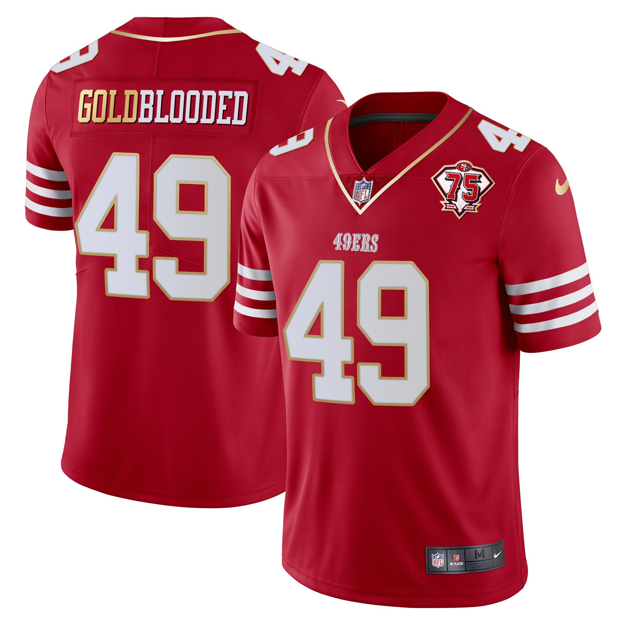 Men's Gold Blooded San Francisco 49ers 75th Anniversary Patch Vapor Gold Trim Red Gold Jersey - All Stitched