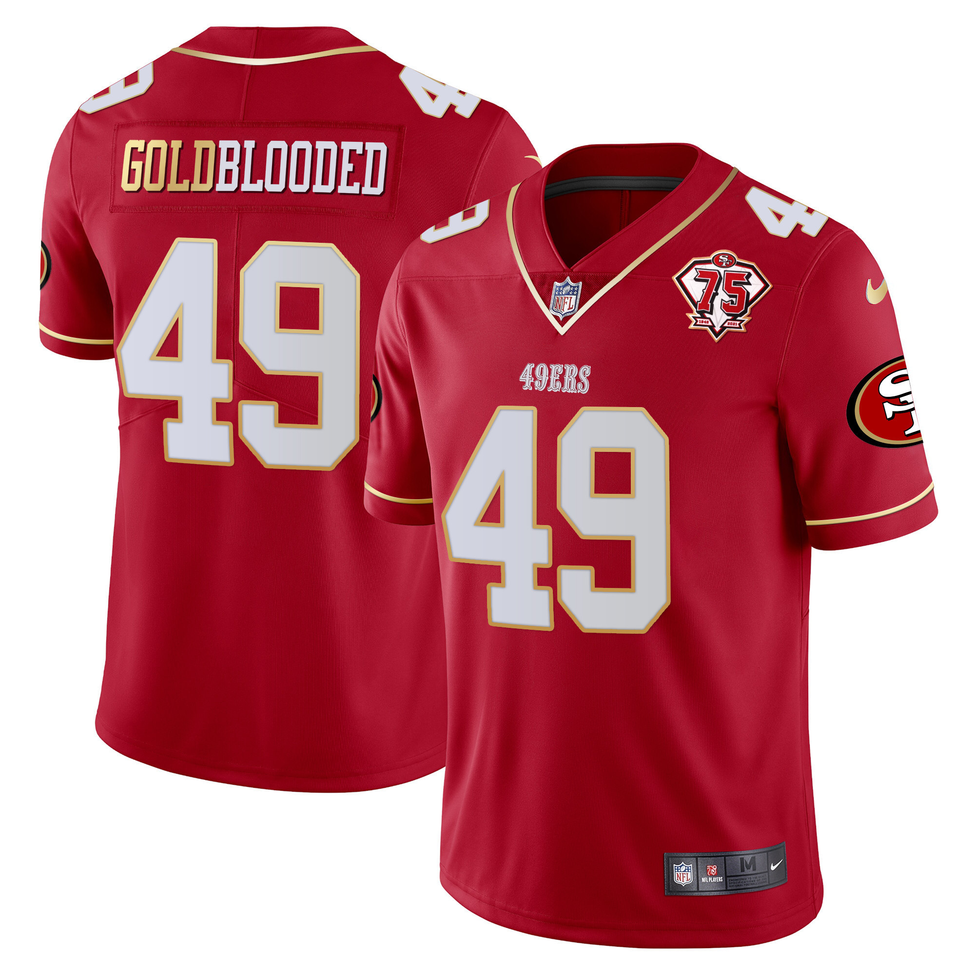 Men's Gold Blooded San Francisco 49ers 75th Anniversary Patch Vapor Gold Trim Red Gold Jersey V2 - All Stitched