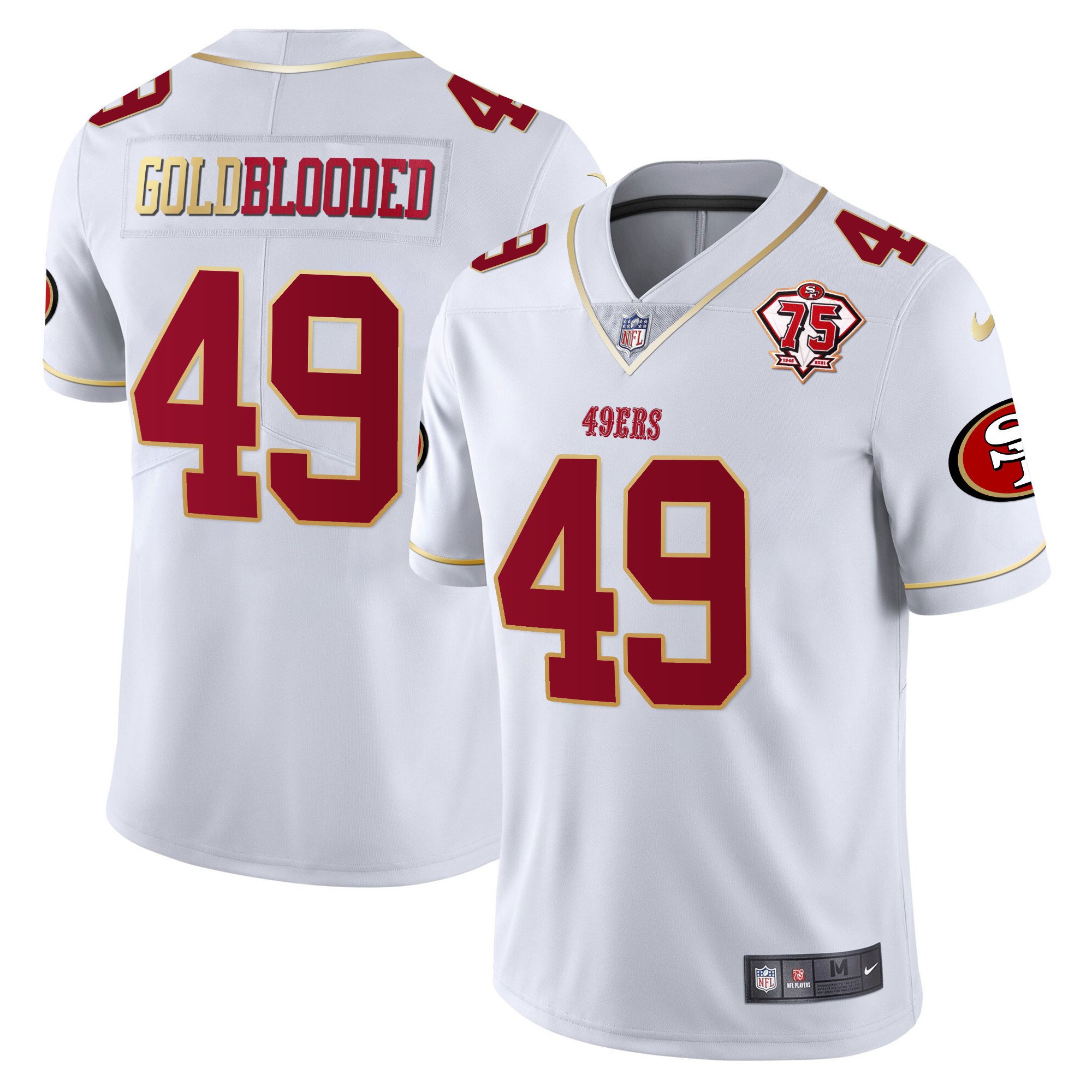 Men's Gold Blooded San Francisco 49ers 75th Anniversary Patch Vapor Gold Trim White Gold Jersey V2 - All Stitched