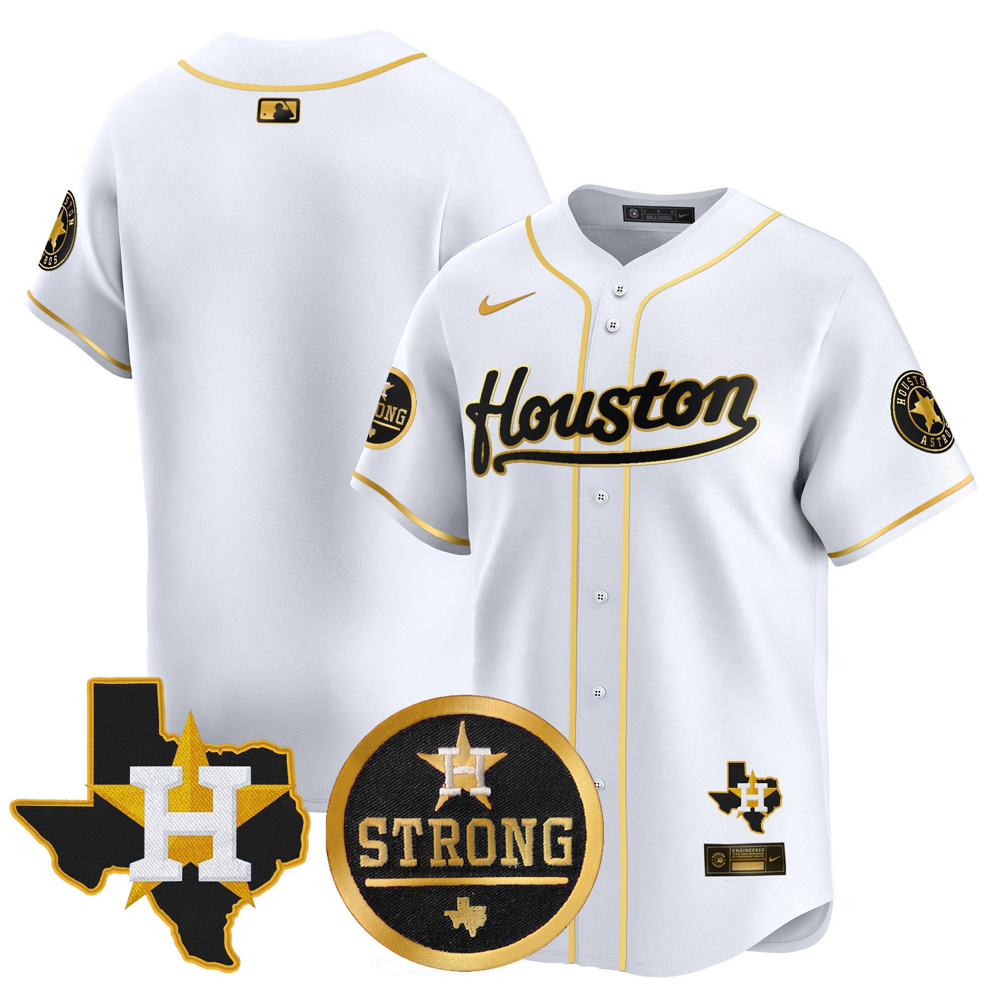 Men's Houston Astros "Houston Strong" Patch Vapor Premier Limited White Gold Jersey - All Stitched