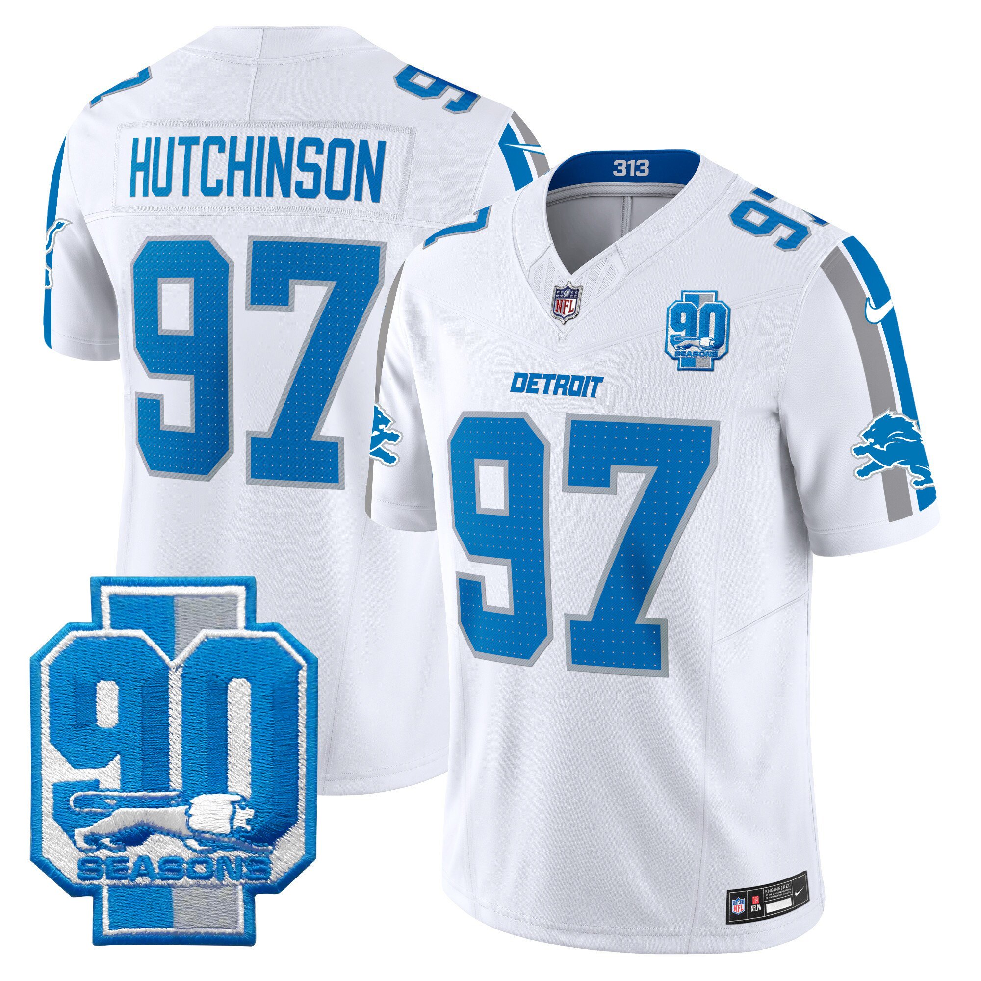Men's Hutchinson Detroit Lions 90th Year Patch Vapor Limited White Jersey - All Stitched