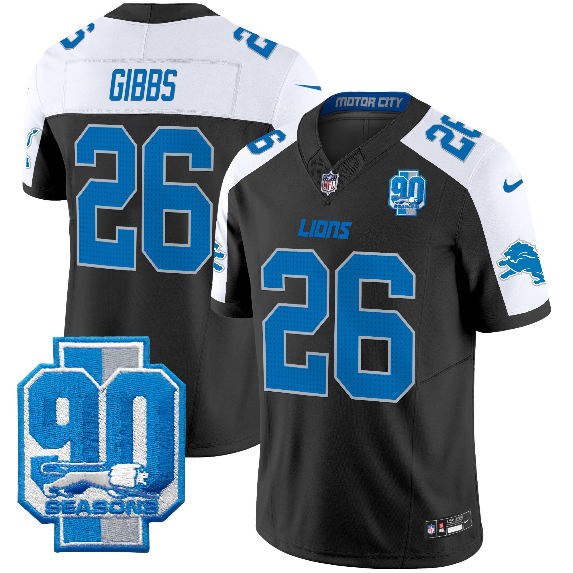 Men's Jahmyr Gibbs Detroit Lions 90th Year Patch Vapor Limited Black Alternate Jersey - All Stitched