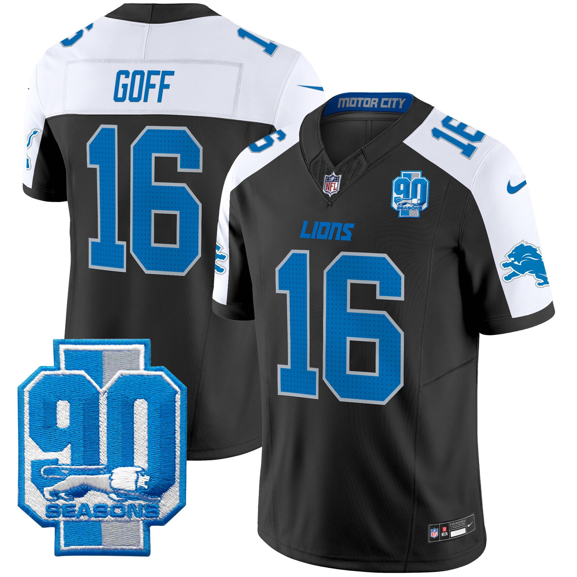 Men's Jared Goff Detroit Lions 90th Year Patch Vapor Limited Black Alternate Jersey - All Stitched