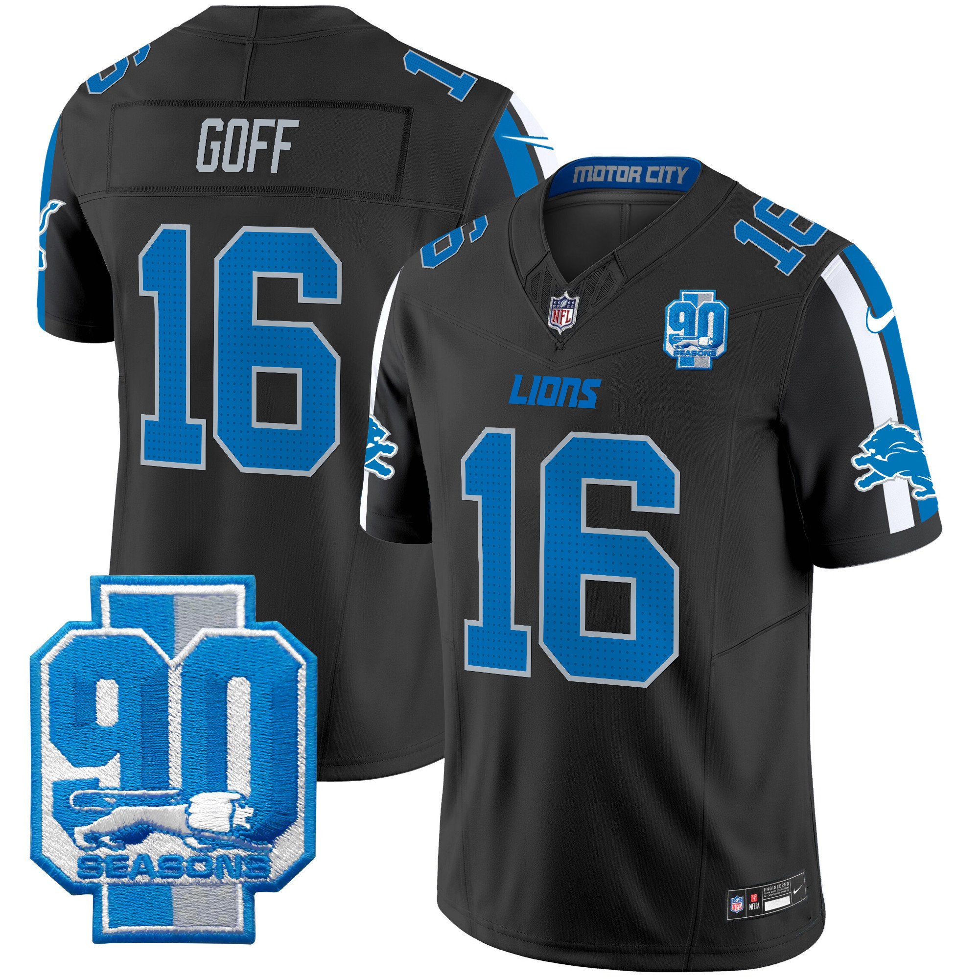 Men's Jared Goff Detroit Lions 90th Year Patch Vapor Limited Black Jersey - All Stitched