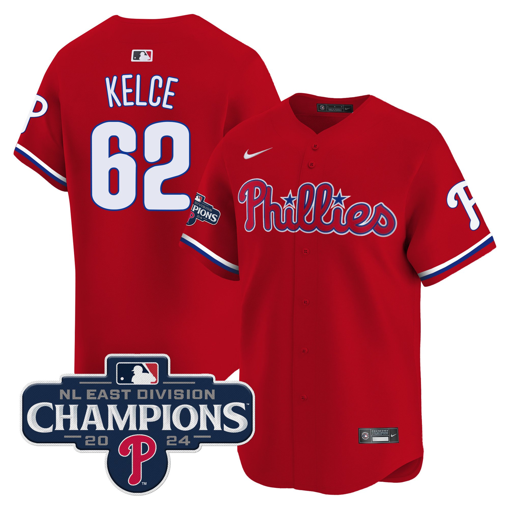 Men's Jason Kelce Philadelphia Phillies 2024 NL East Division Champions Gold Vapor Premier Limited Red Jersey - All Stitched