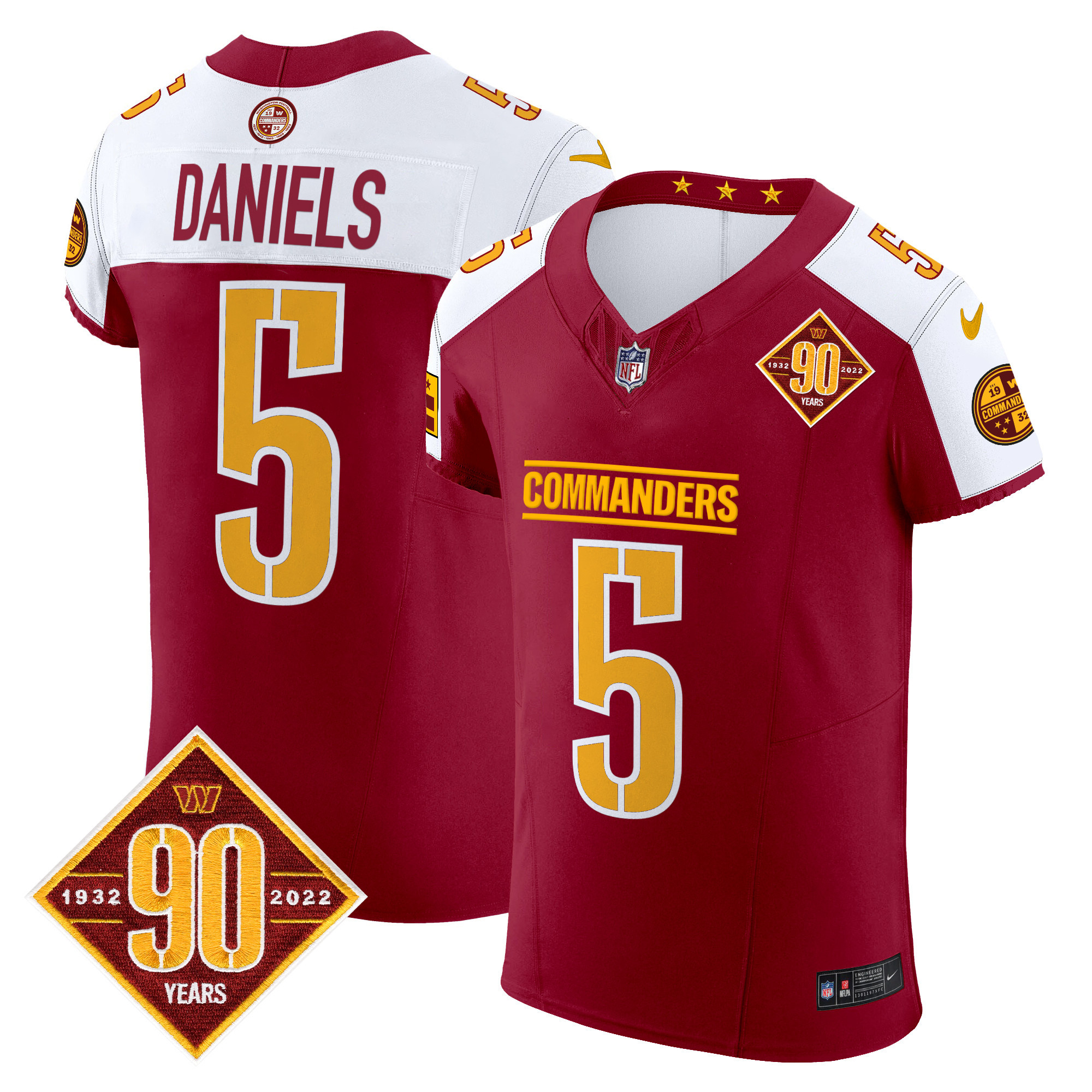 Men's Jayden Daniels Washington Commanders 90th Anniversary Patch Vapor Elite Burgundy Alternate Jersey - All Stitched