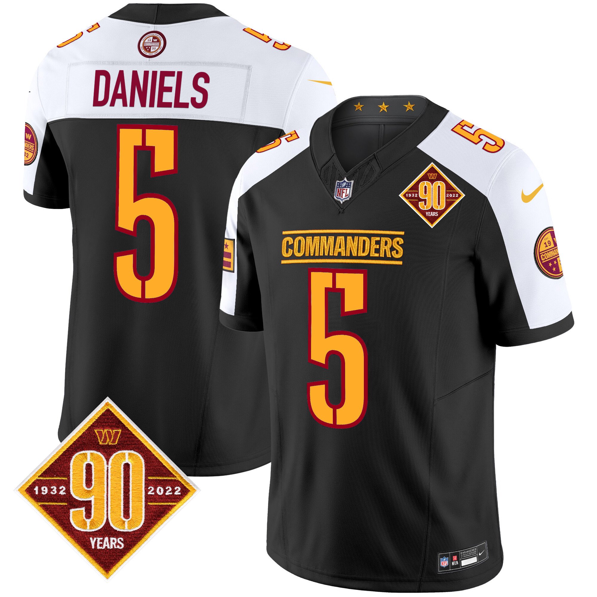 Men's Jayden Daniels Washington Commanders 90th Anniversary Patch Vapor Limited Black Alternate Jersey - All Stitched