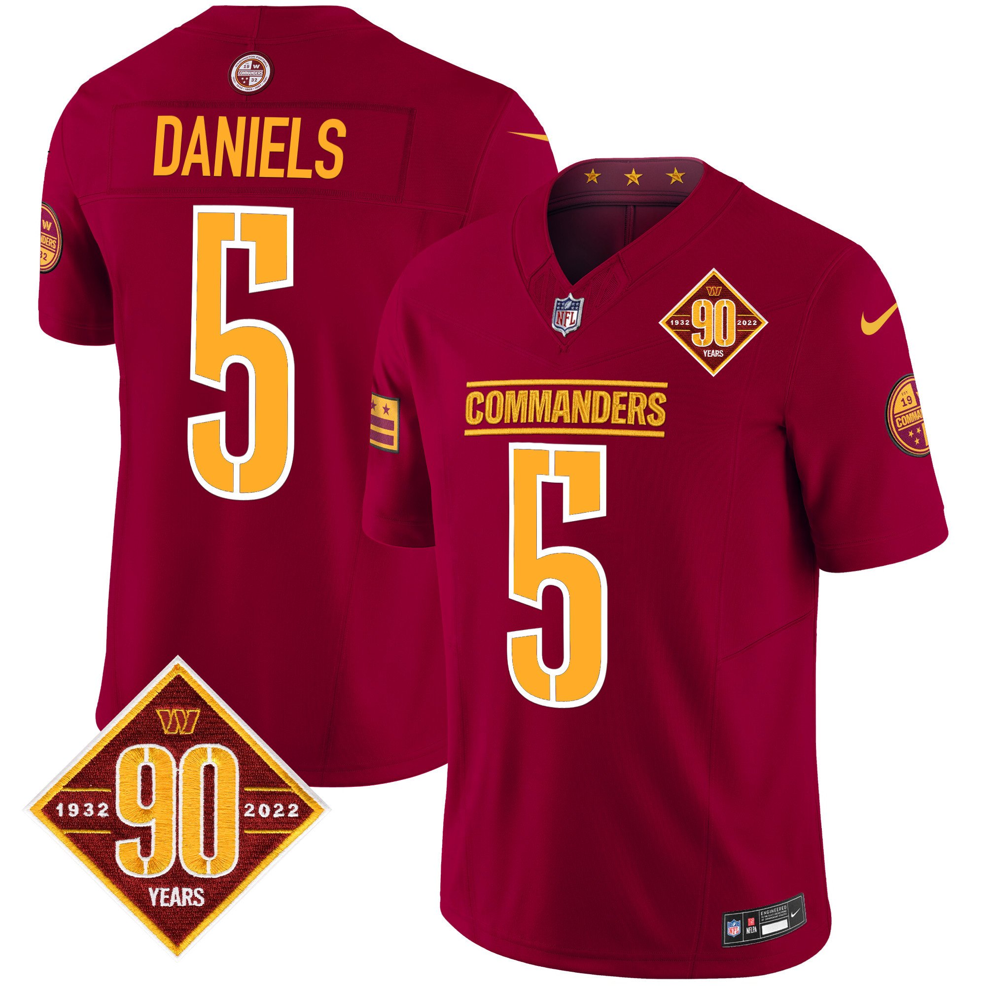 Men's Jayden Daniels Washington Commanders 90th Anniversary Patch Vapor Limited Burgundy Jersey - All Stitched