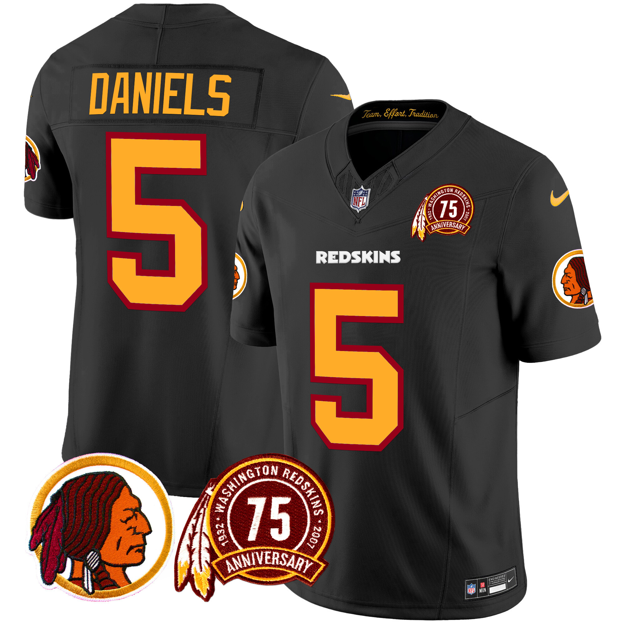 Men's Jayden Daniels Washington Redskins 75th Patch Throwback Vapor Limited Black Jersey - All Stitched
