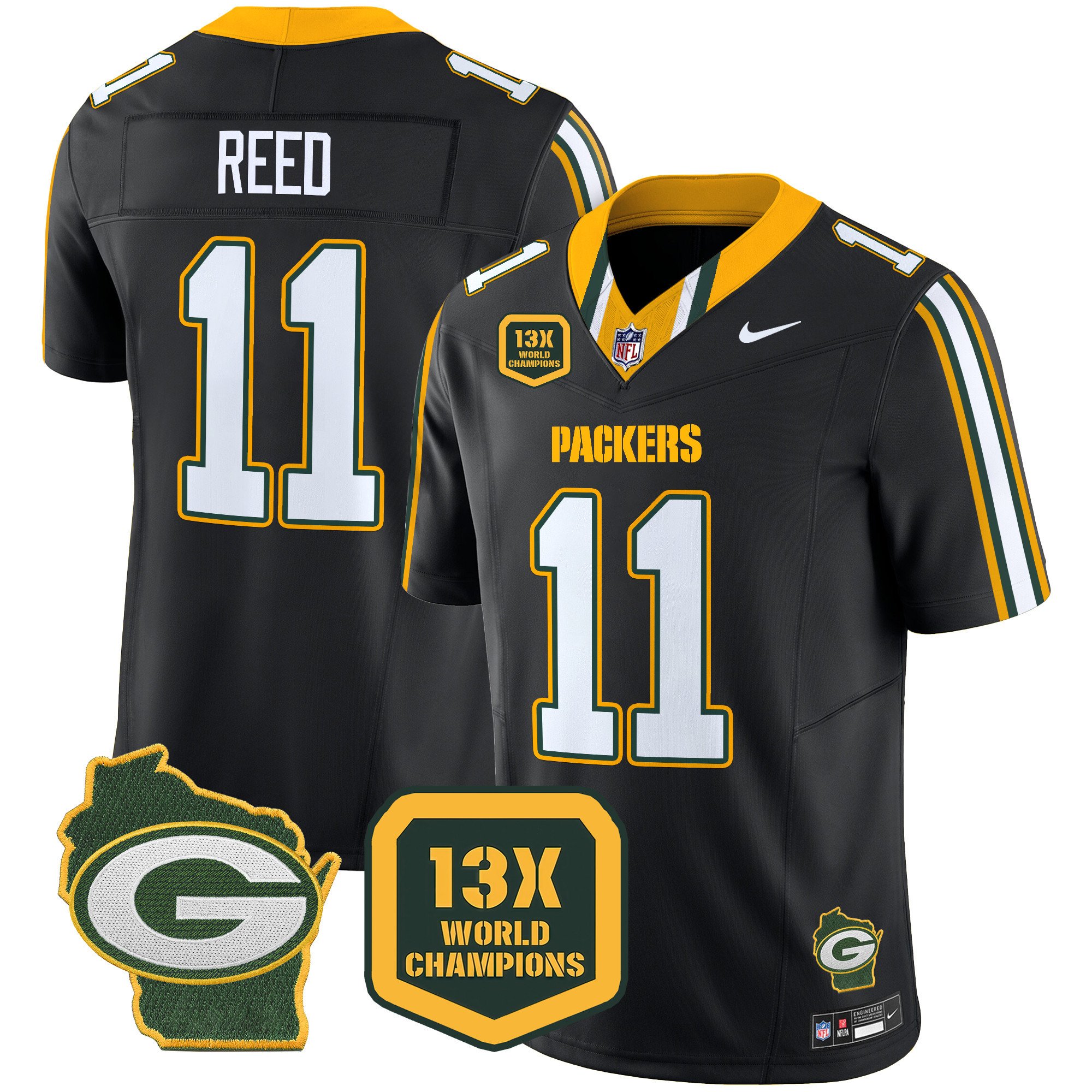 Men's Jayden Reed Green Bay Packers 13 Time World Champions & Home Patch Vapor Limited Black Jersey â€“ All Stitched