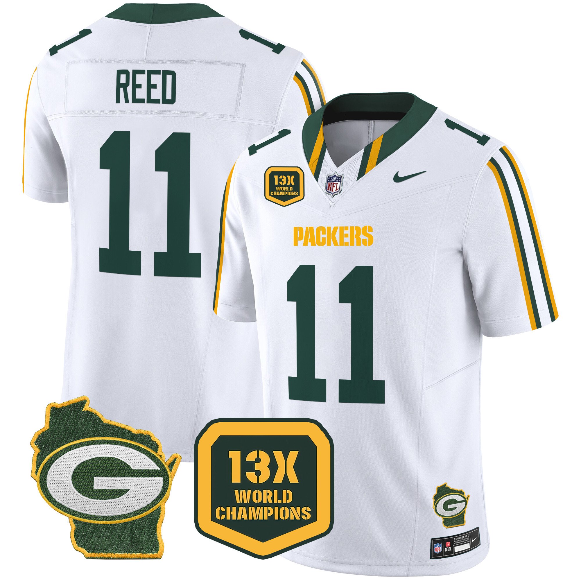 Men's Jayden Reed Green Bay Packers 13 Time World Champions & Home Patch Vapor Limited White Jersey â€“ All Stitched