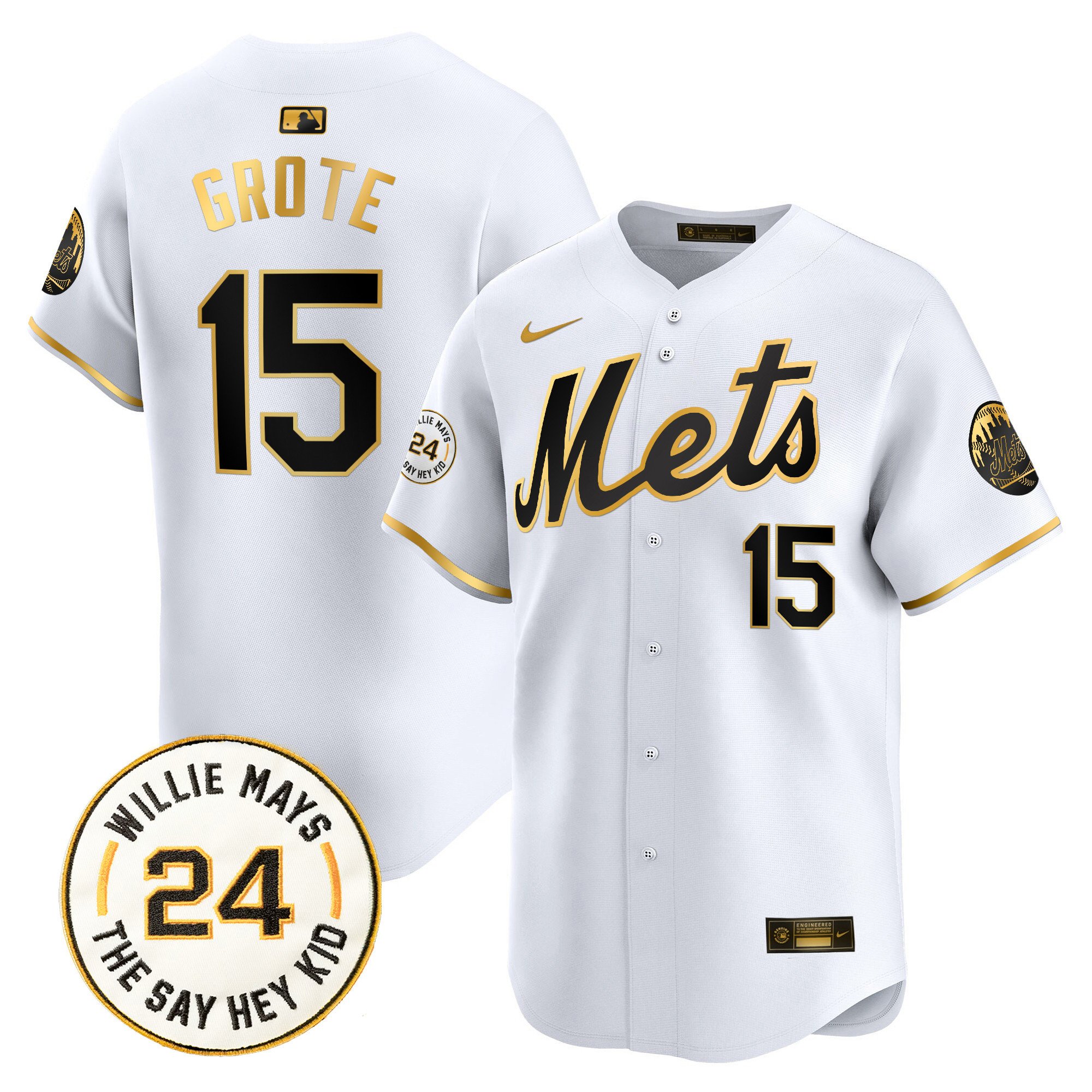 Men's Jerry Grote New York Mets Willie Mays Patch Vapor Premier Limited White Gold Jersey - All Stitched