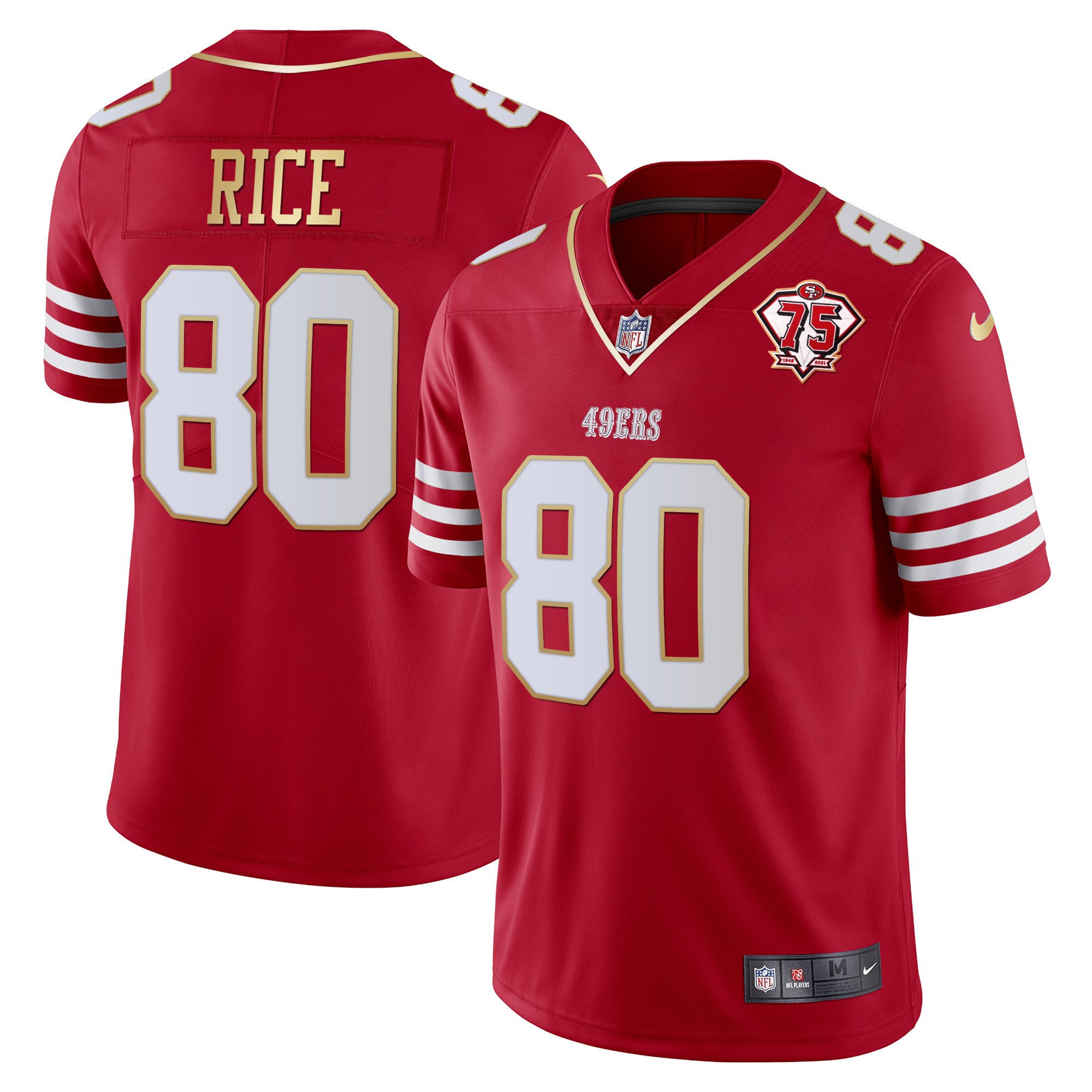 Men's Jerry Rice San Francisco 49ers 75th Anniversary Patch Vapor Gold Trim Red Gold Jersey - All Stitched