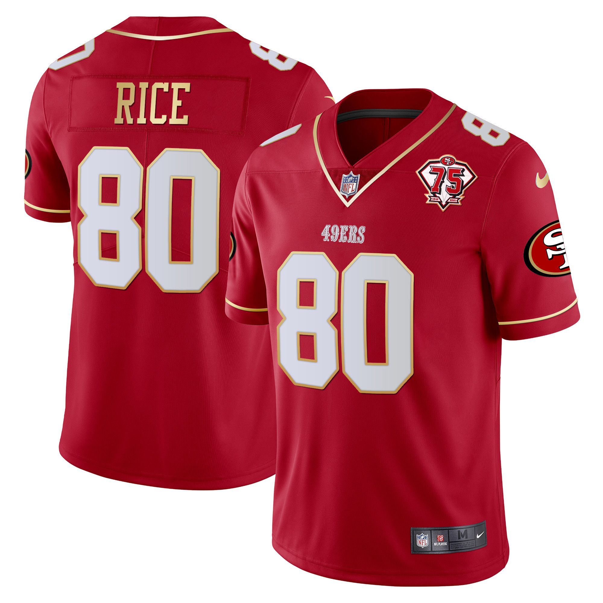 Men's Jerry Rice San Francisco 49ers 75th Anniversary Patch Vapor Gold Trim Red Gold Jersey V2 - All Stitched