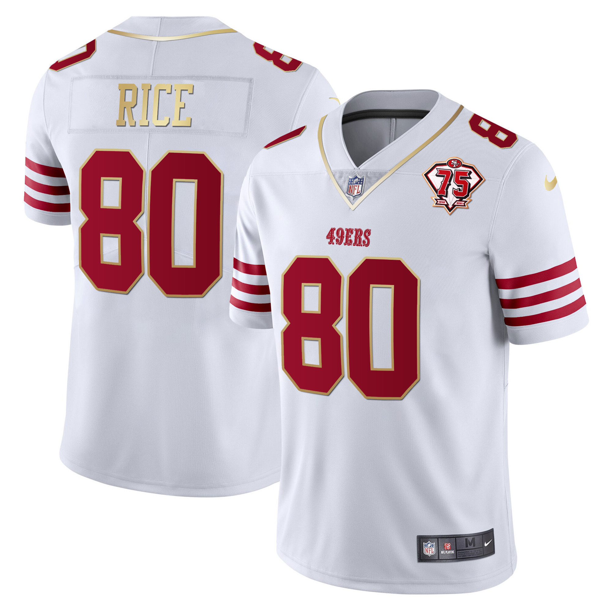 Men's Jerry Rice San Francisco 49ers 75th Anniversary Patch Vapor Gold Trim White Gold Jersey - All Stitched