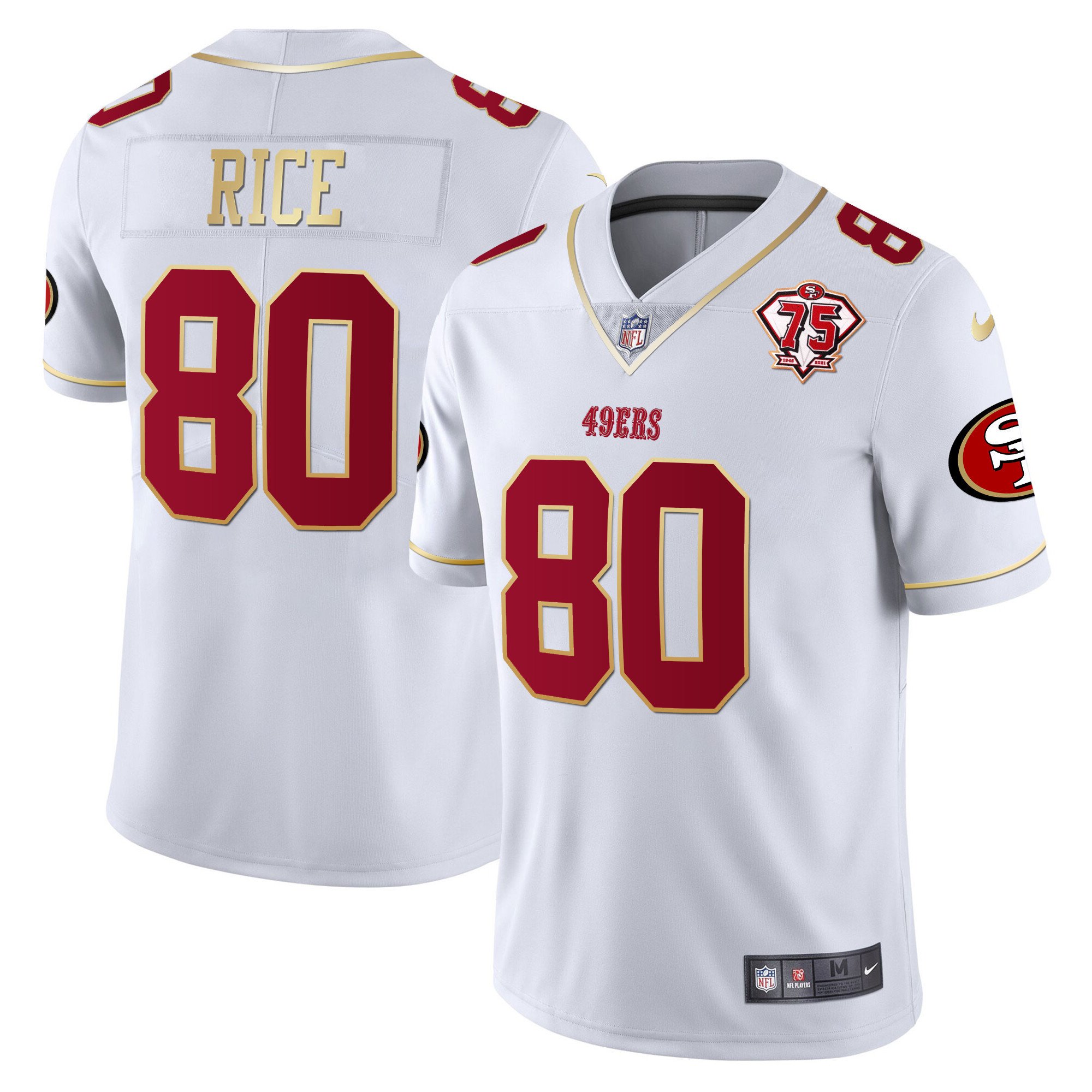 Men's Jerry Rice San Francisco 49ers 75th Anniversary Patch Vapor Gold Trim White Gold Jersey V2 - All Stitched