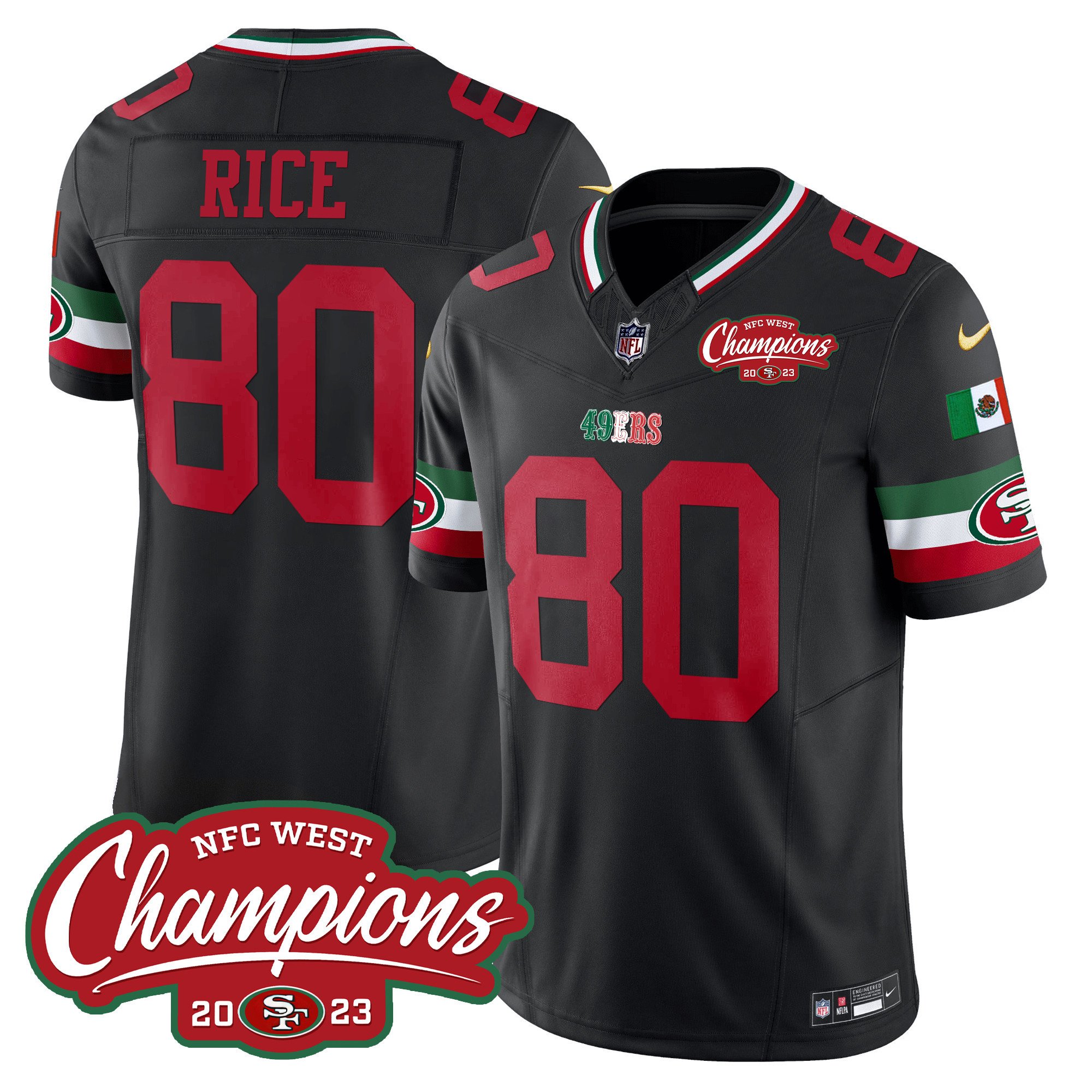 Men's Jerry Rice San Francisco 49ers Mexico 2023 NFC West Champions Patch Vapor Black Jersey - All Stitched