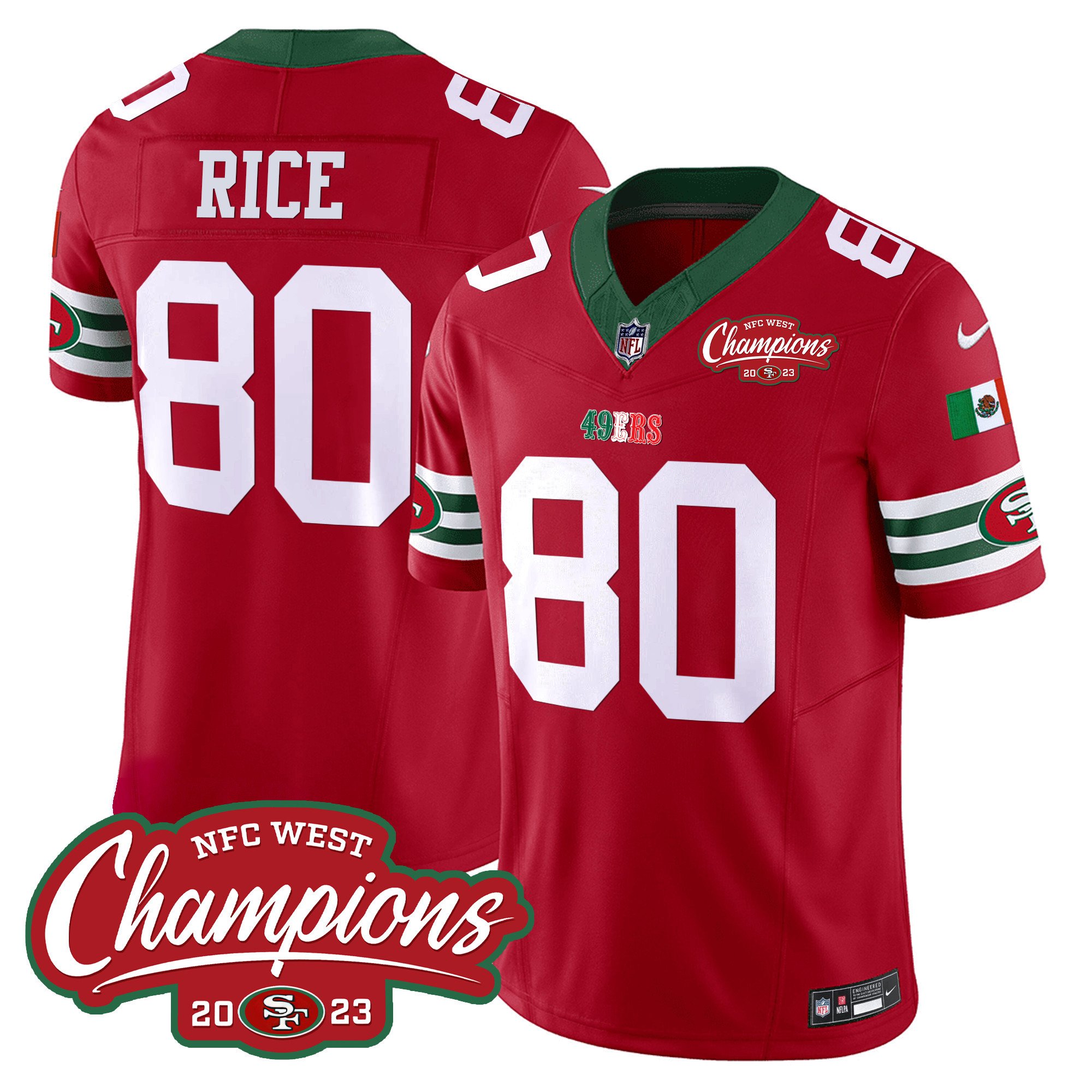 Men's Jerry Rice San Francisco 49ers Mexico 2023 NFC West Champions Patch Vapor Red Jersey - All Stitched