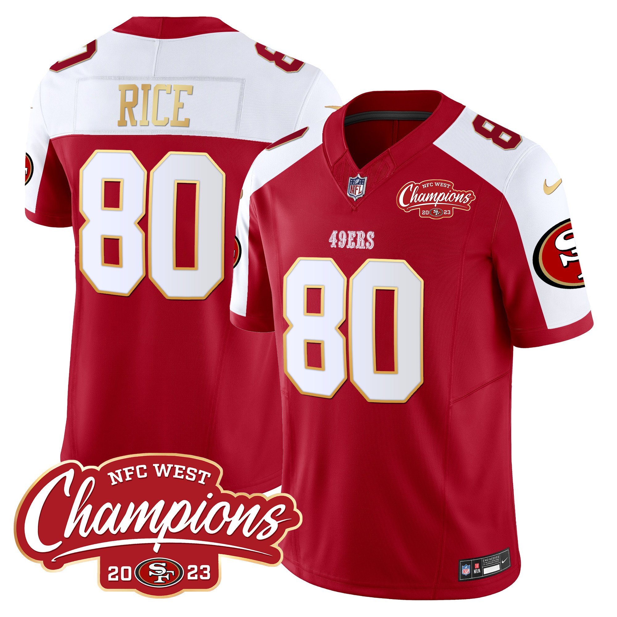 Men's Jerry Rice San Francisco 49ers NFC West Champions Gold Trim Vapor Red Alternate Jersey - All Stitched
