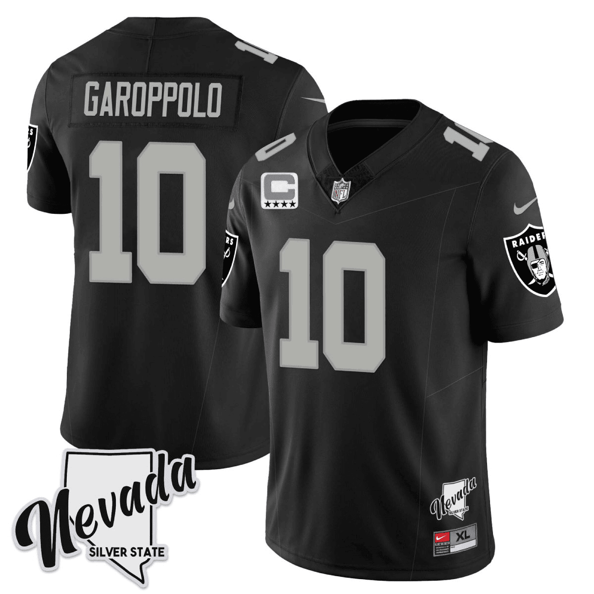 Men's Jimmy Garoppolo Las Vegas Raiders 2023 Nevada Silver State Patch Vapor Black Jersey â€“ All Stitched