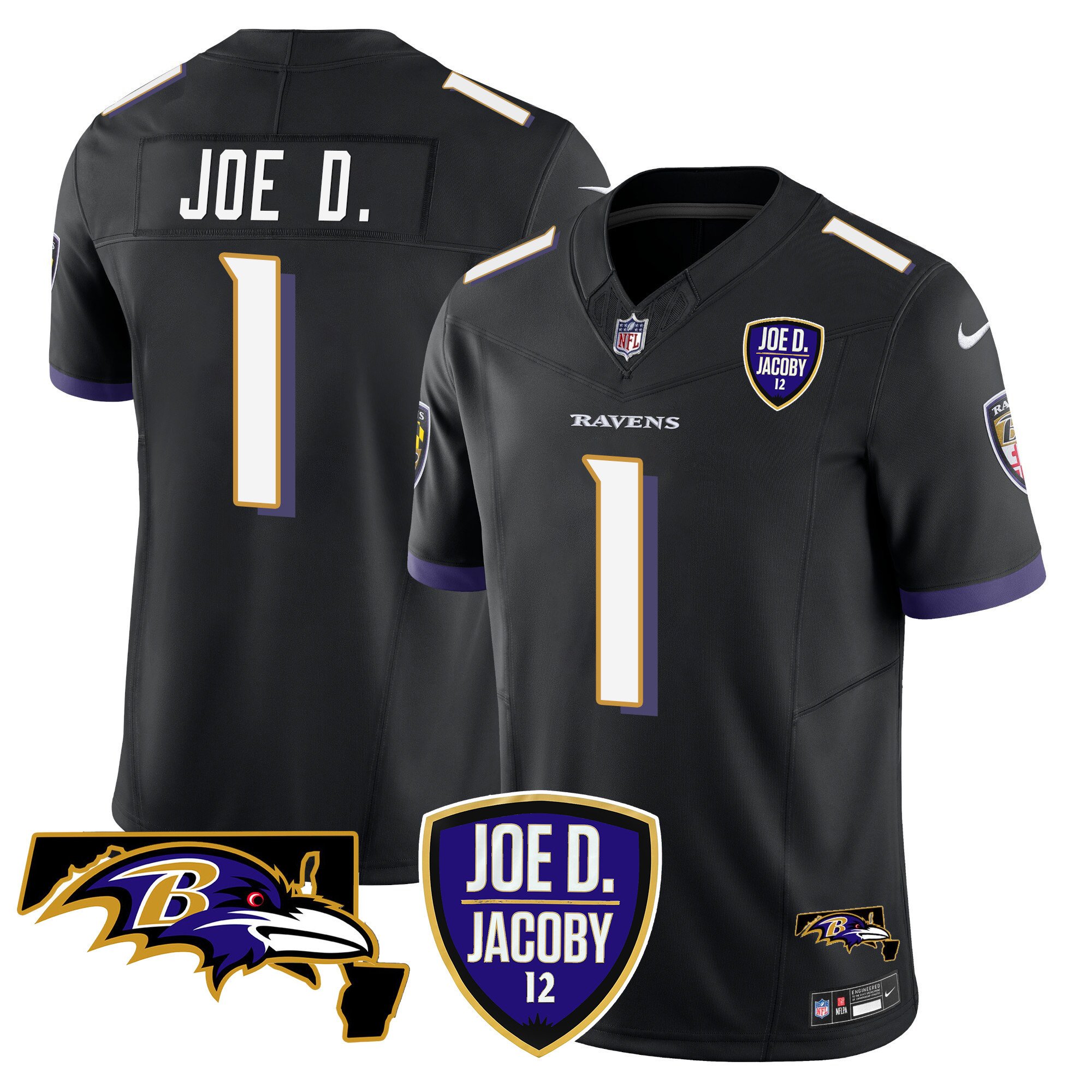 Men's Joe D Baltimore Ravens Joe D & Jacoby Patch Vapor Limited Black Jersey - All Stitched