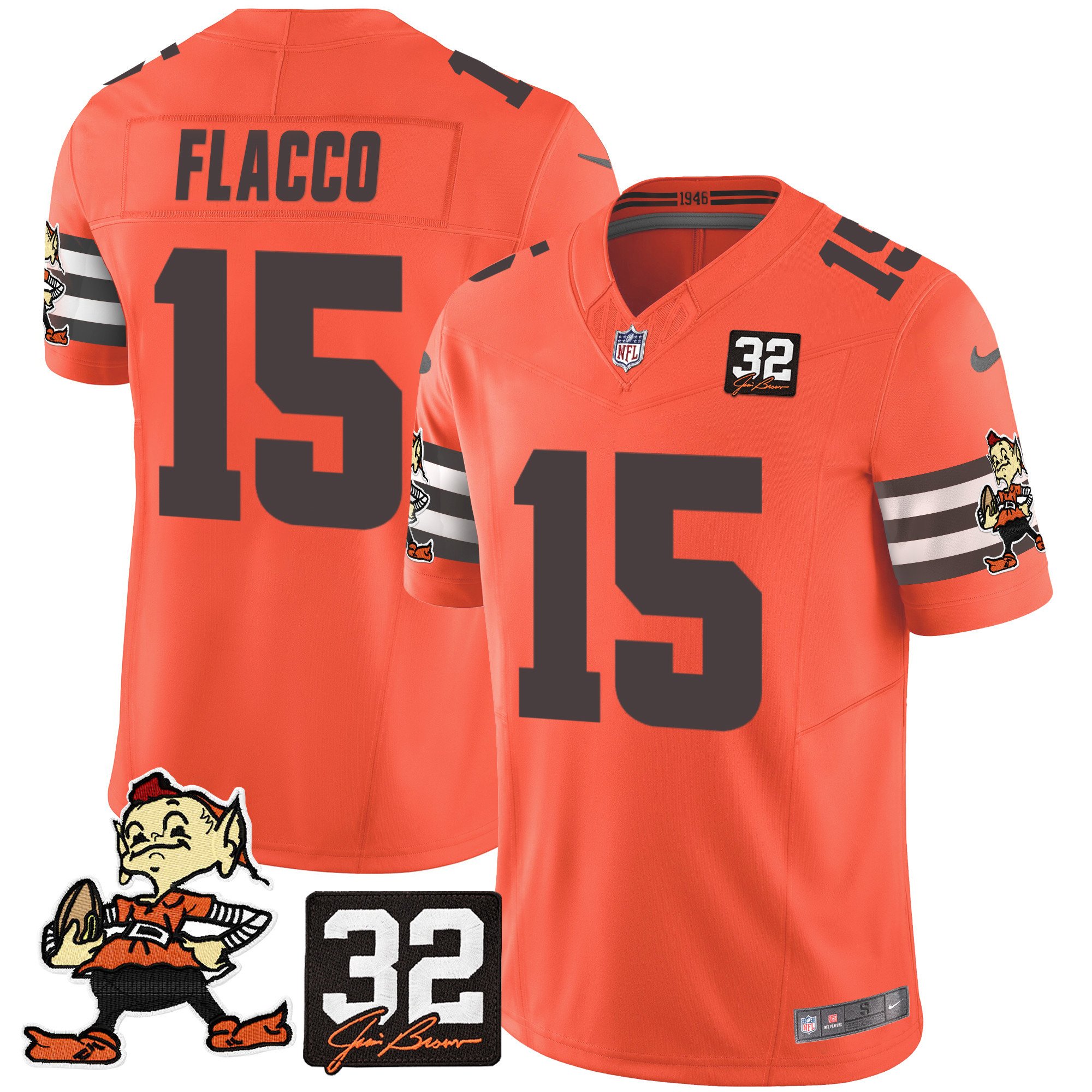Men's Joe Flacco Cleveland Browns #32 Jim Brown Memorial Patch Vapor Limited Orange Jersey V2 - All Stitched