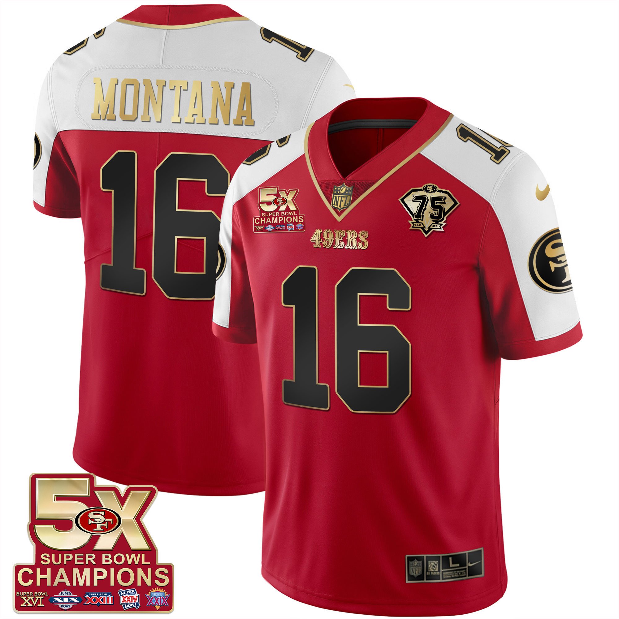 Men's Joe Montana San Francisco 49ers 5x Super Bowl Patch Black Red Vapor Red Alternate Jersey - Stitched