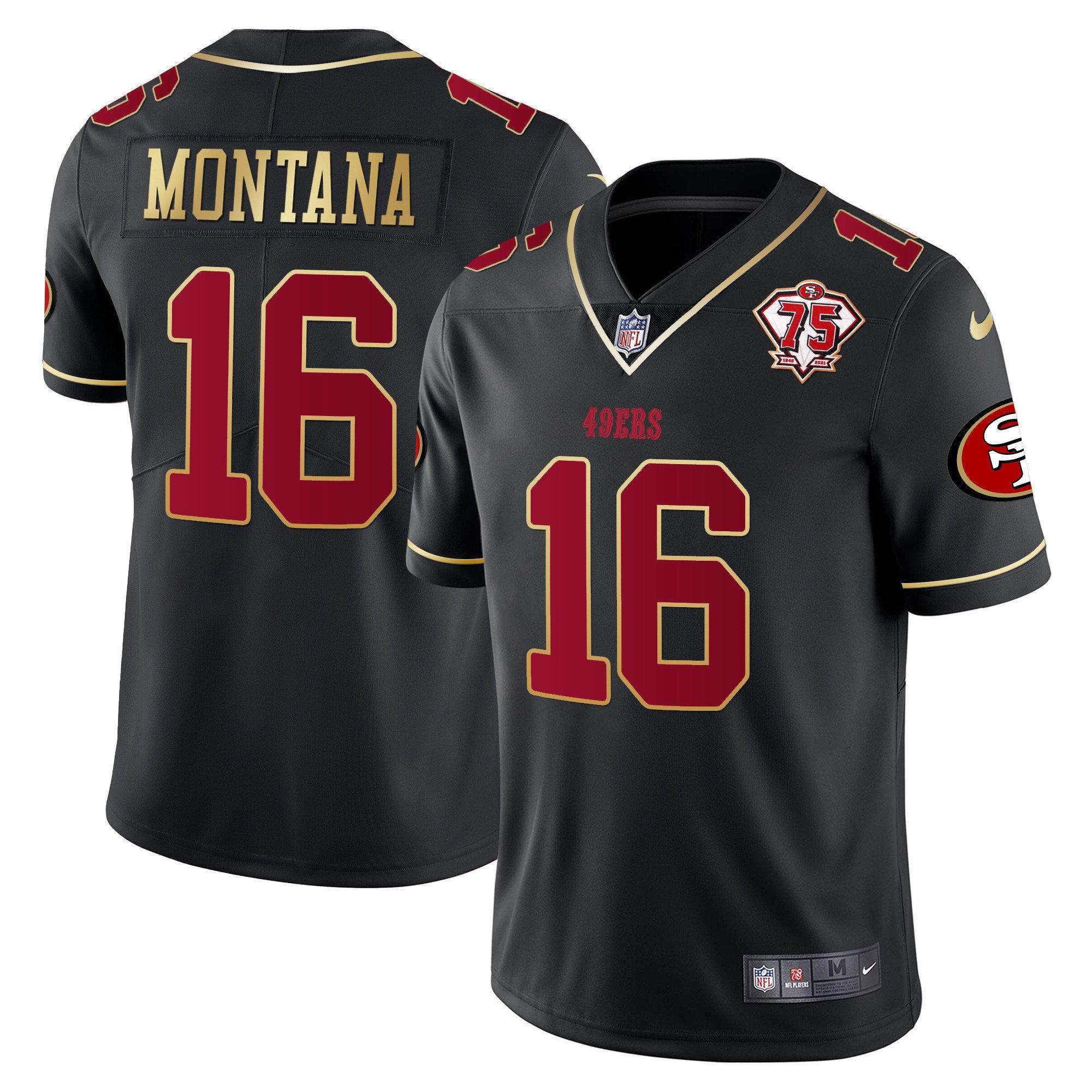 Men's Joe Montana San Francisco 49ers 75th Anniversary Patch Vapor Gold Trim Black Gold Jersey V2 - All Stitched