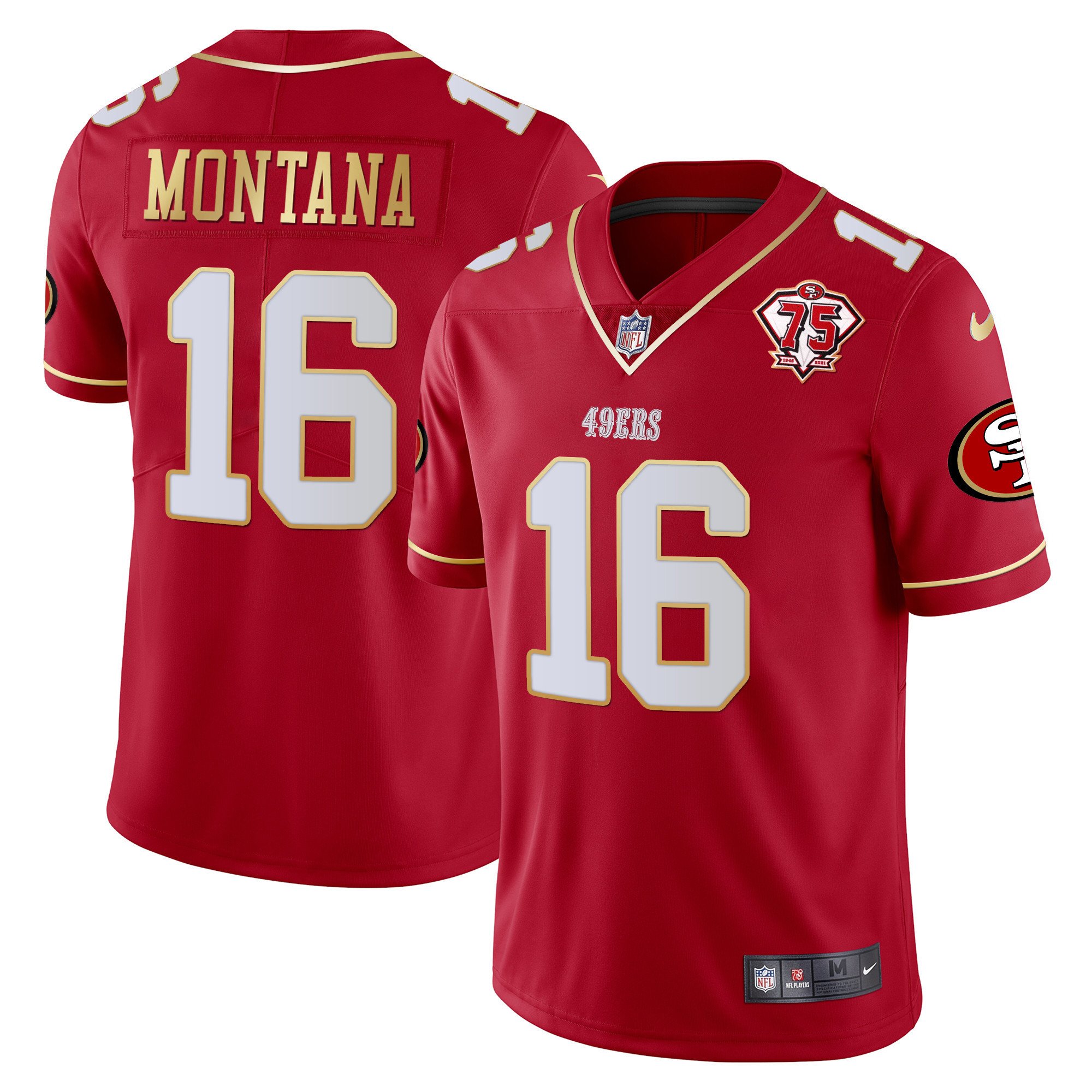 Men's Joe Montana San Francisco 49ers 75th Anniversary Patch Vapor Gold Trim Red Gold Jersey V2 - All Stitched