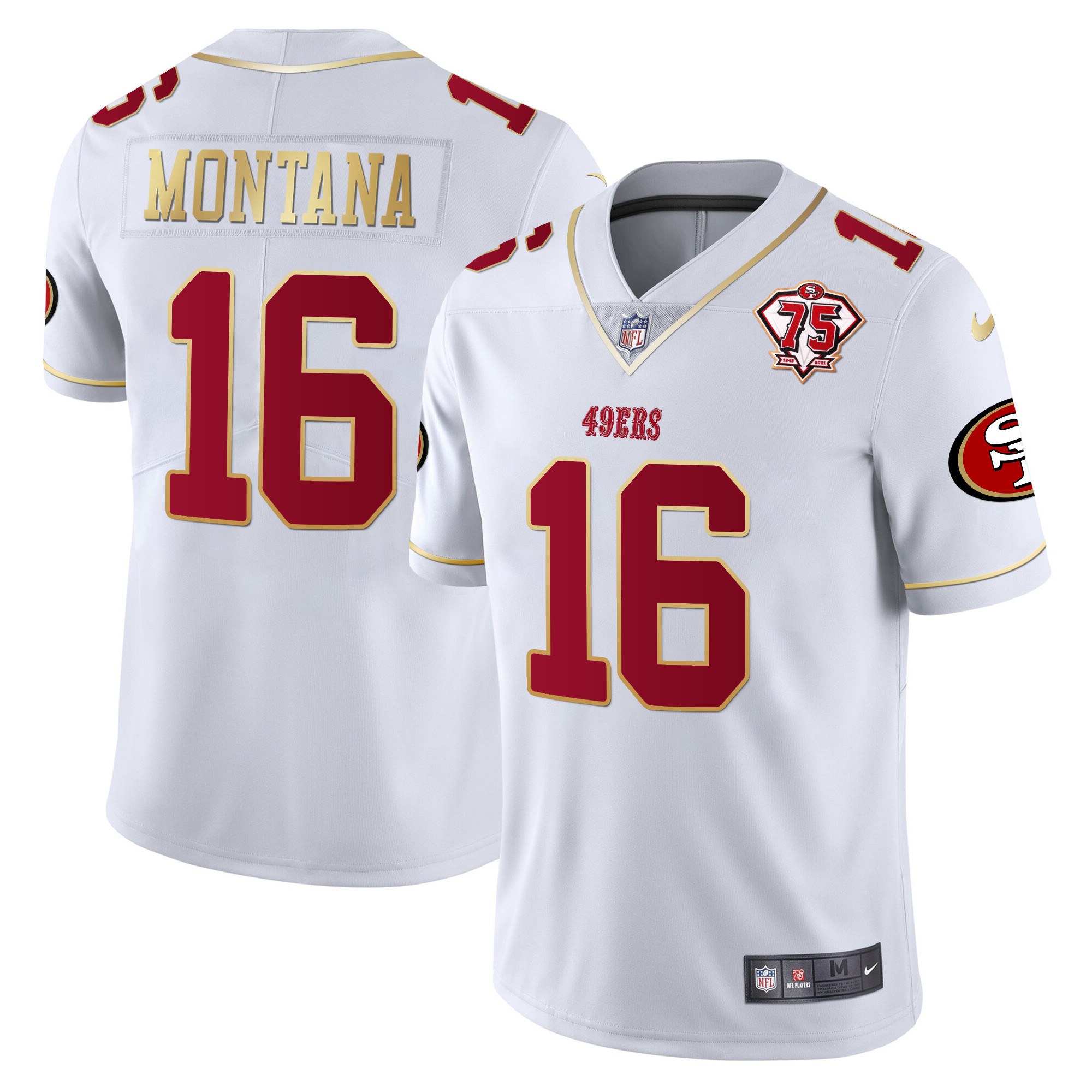 Men's Joe Montana San Francisco 49ers 75th Anniversary Patch Vapor Gold Trim White Gold Jersey V2 - All Stitched