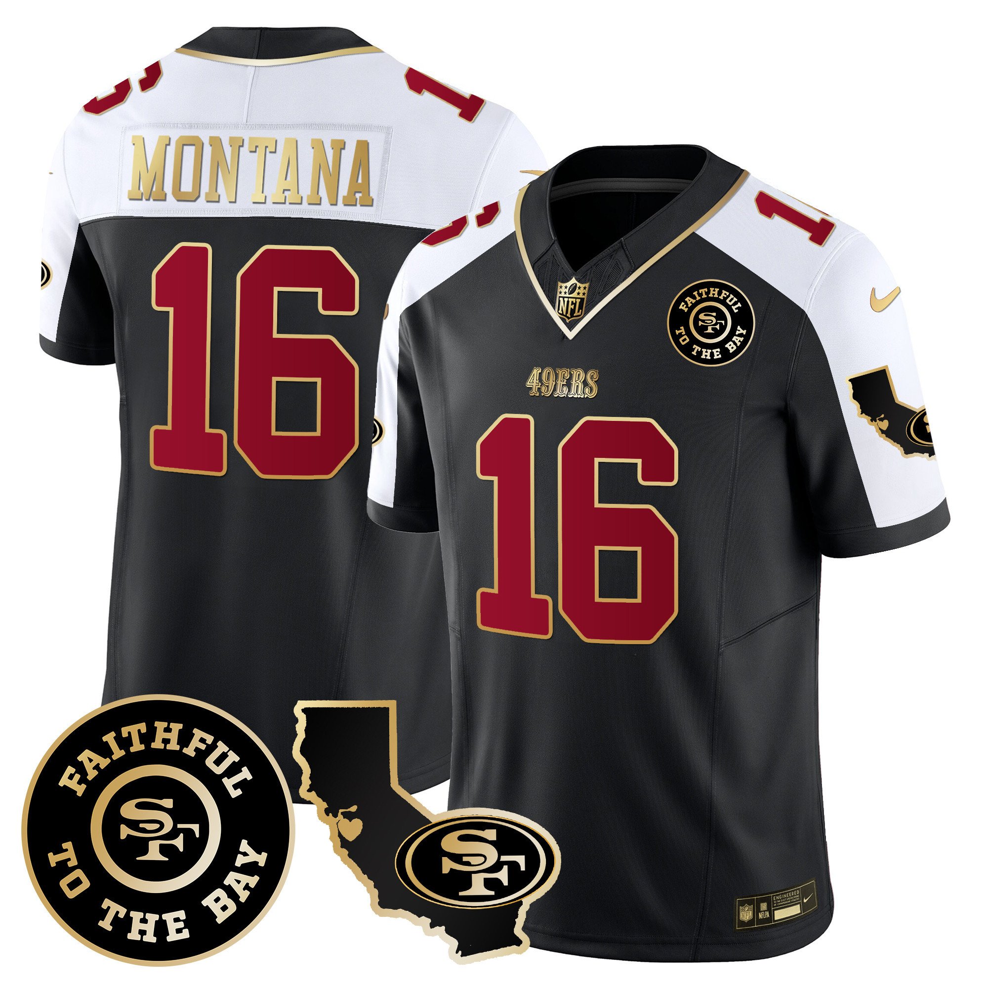 Men's Joe Montana San Francisco 49ers Faithful & California Patch Vapor Black Alternate Jersey - All Stitched