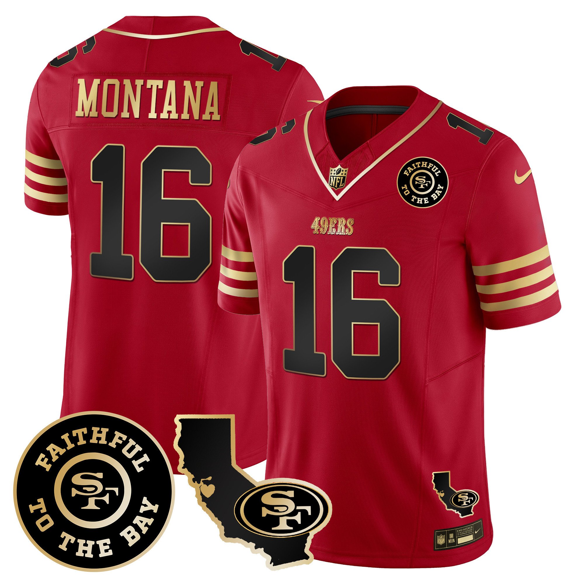 Men's Joe Montana San Francisco 49ers Faithful & California Patch Vapor Black Scarlet Jersey - All Stitched