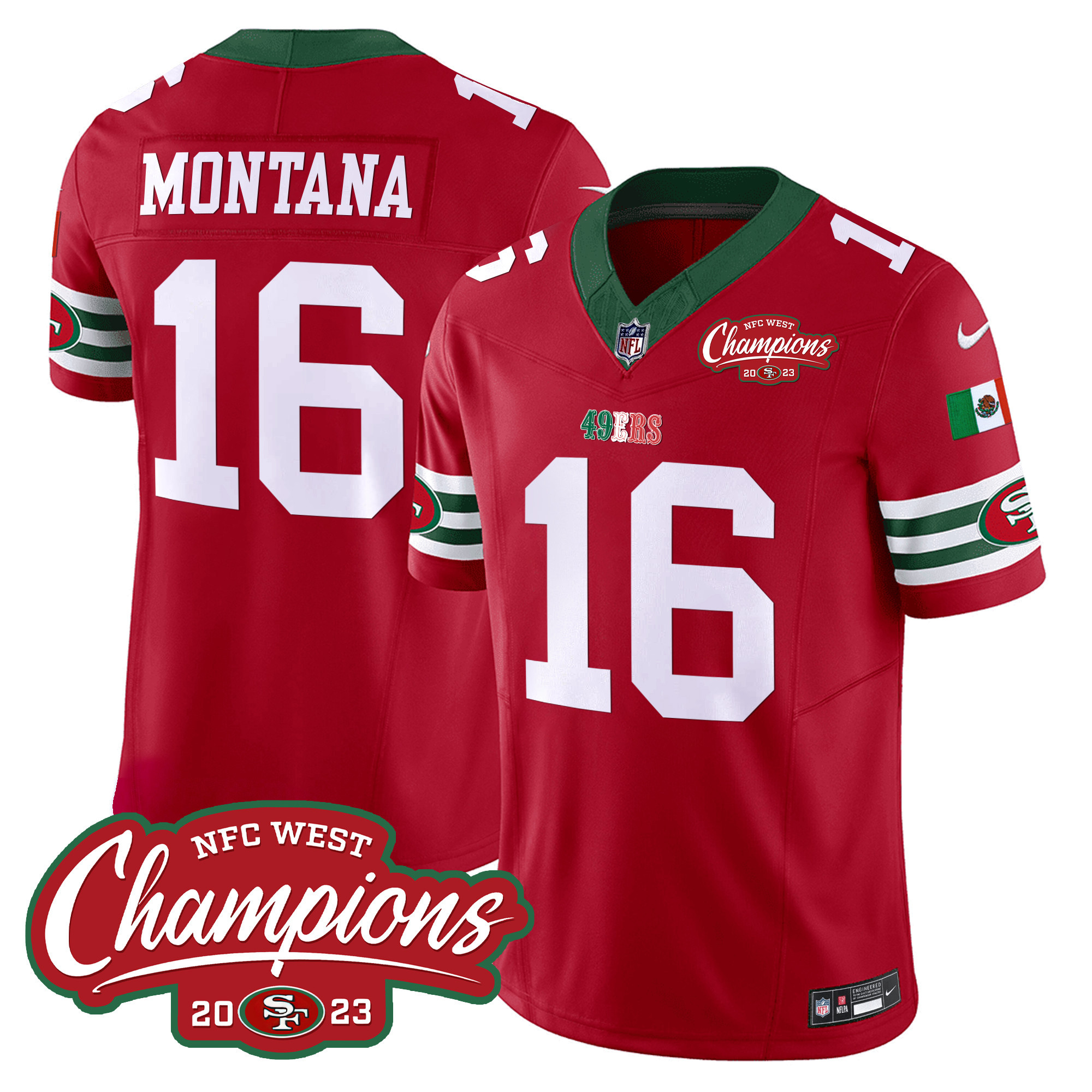 Men's Joe Montana San Francisco 49ers Mexico 2023 NFC West Champions Patch Vapor Red Jersey - All Stitched
