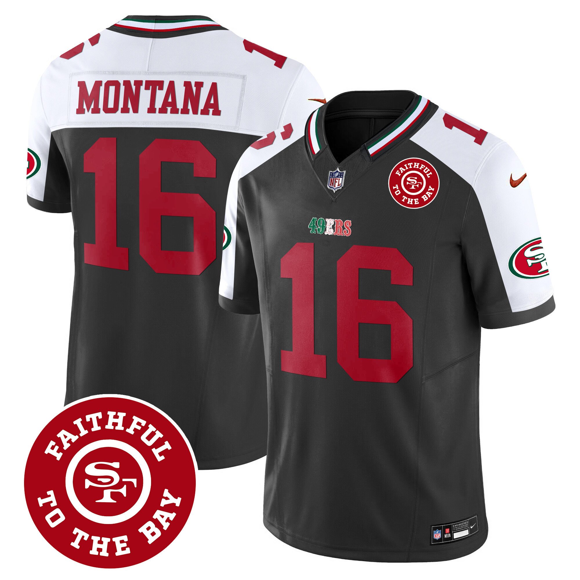 Men's Joe Montana San Francisco 49ers Mexico Faithful To The Bay Patch Vapor Black Alternate Jersey - All Stitched