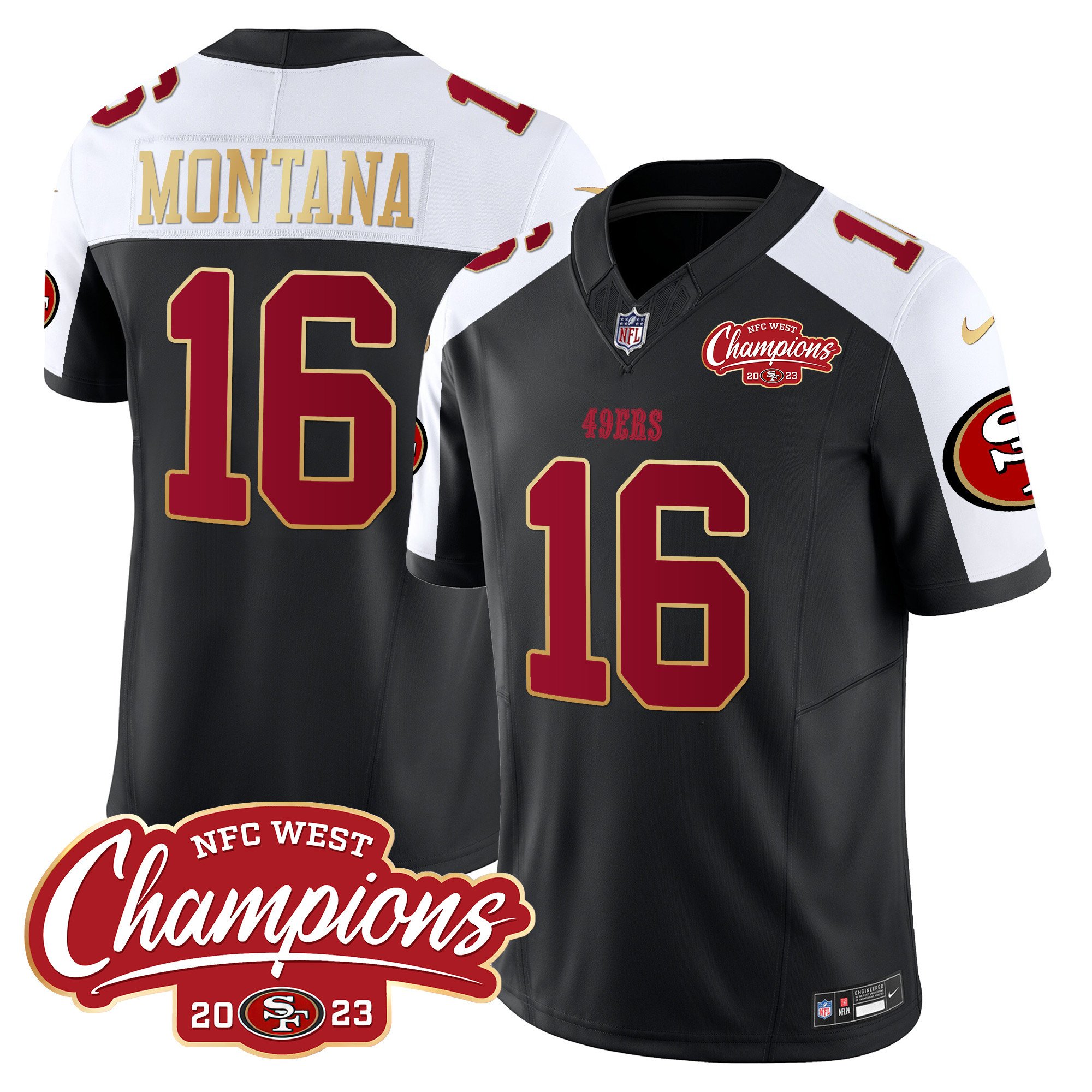 Men's Joe Montana San Francisco 49ers NFC West Champions Gold Trim Vapor Black Alternate Jersey - All Stitched