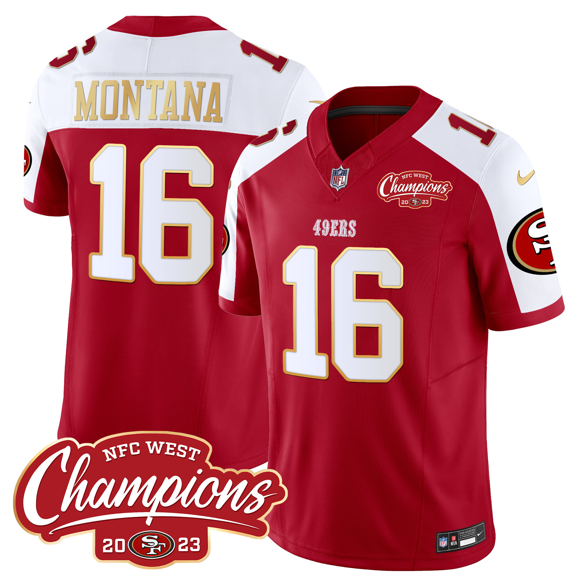 Men's Joe Montana San Francisco 49ers NFC West Champions Gold Trim Vapor Red Alternate Jersey - All Stitched