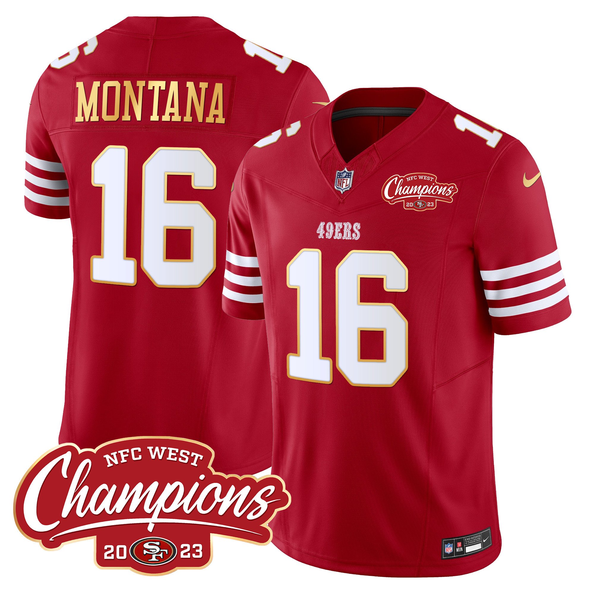 Men's Joe Montana San Francisco 49ers NFC West Champions Gold Trim Vapor Red Jersey - All Stitched