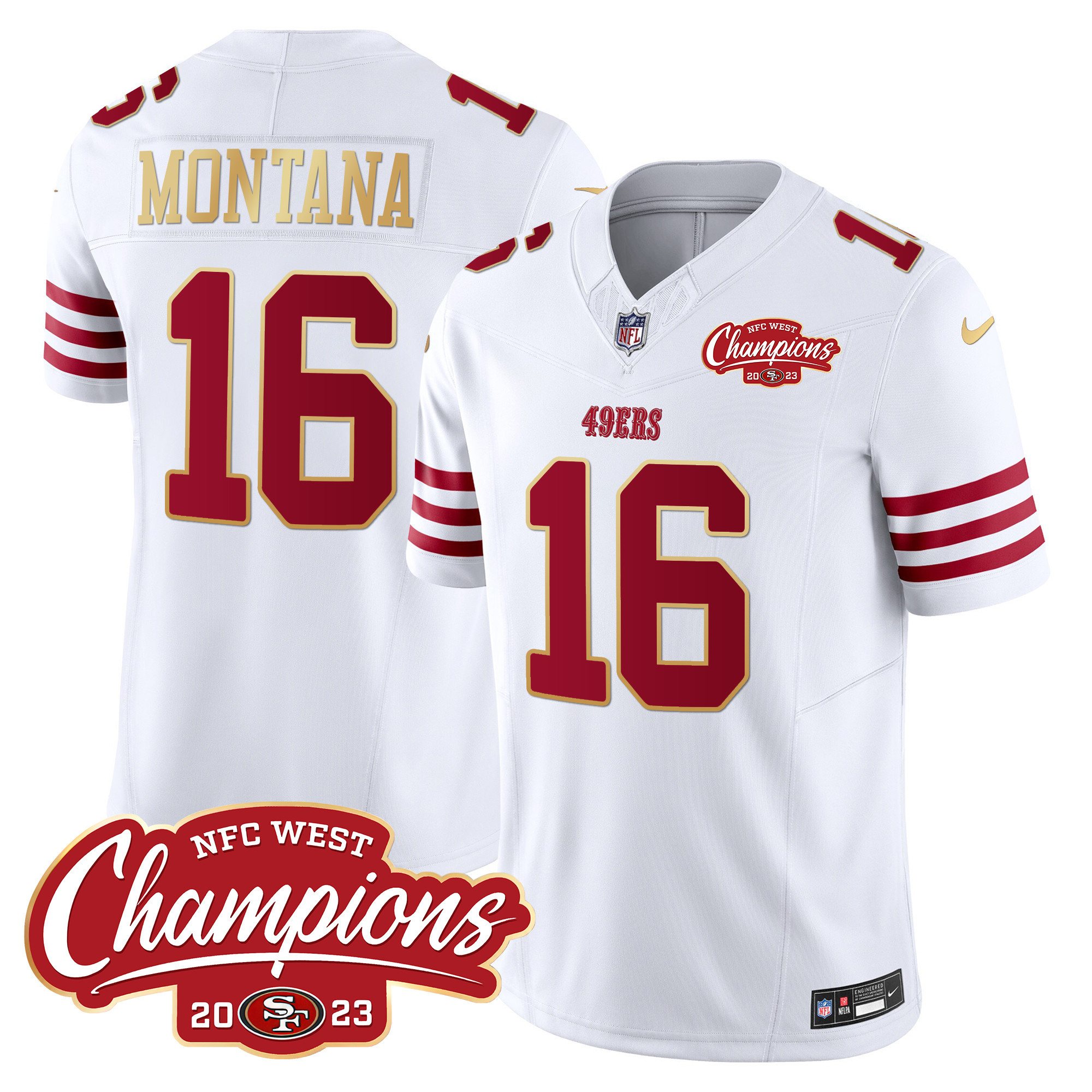 Men's Joe Montana San Francisco 49ers NFC West Champions Gold Trim Vapor White Jersey - All Stitched
