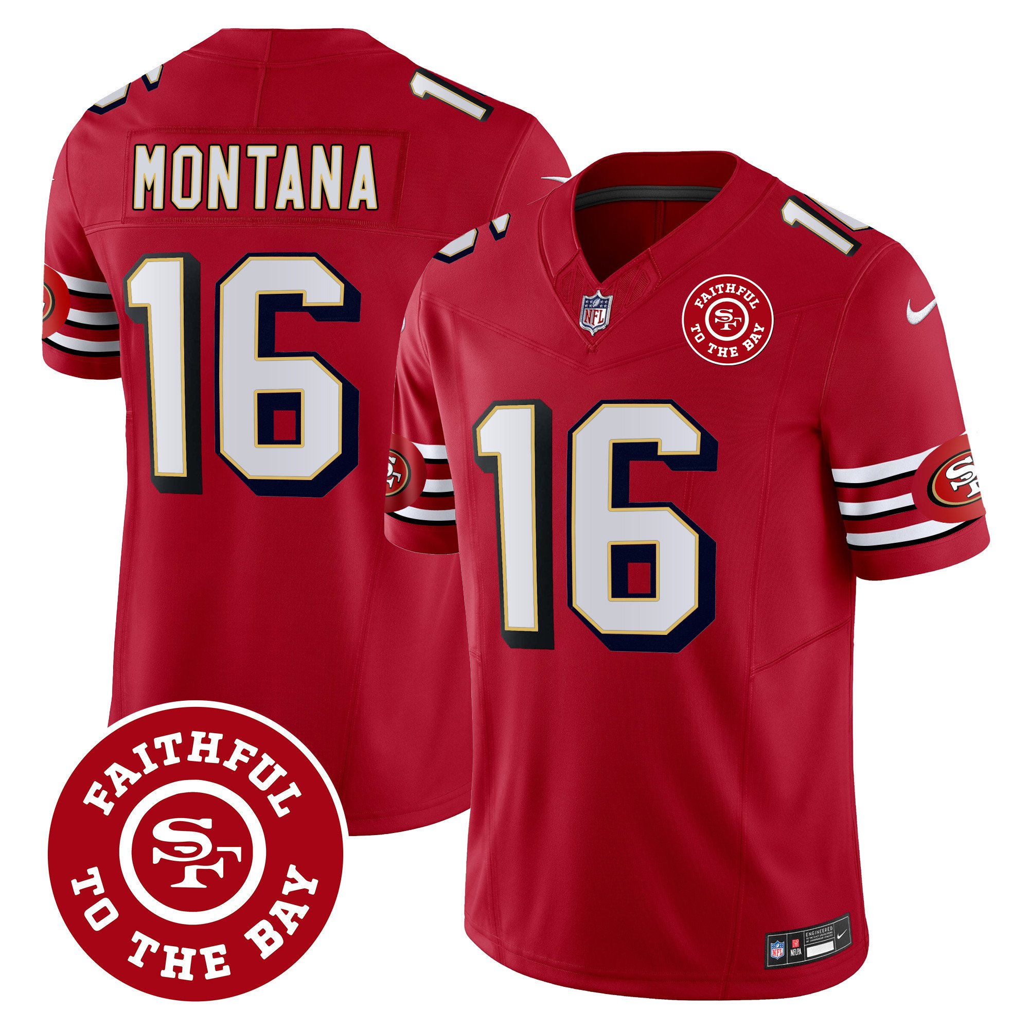 Men's Joe Montana San Francisco 49ers Throwback Faithful To The Bay Patch Vapor Limited Red Jersey - All Stitched