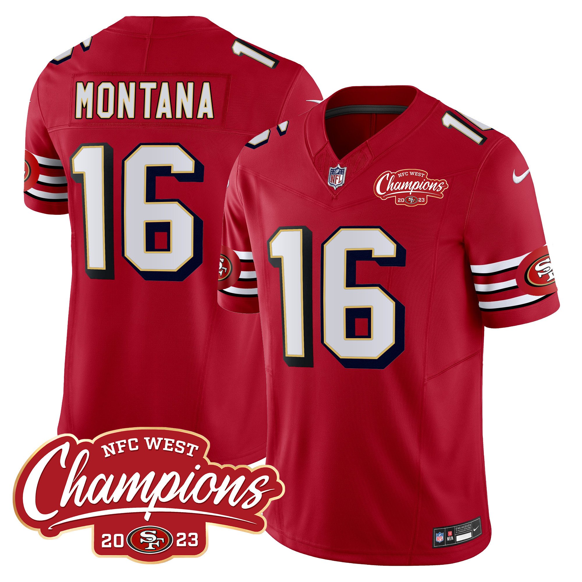 Men's Joe Montana San Francisco 49ers Throwback NFC West Champions Patch Vapor Red Jersey - All Stitched