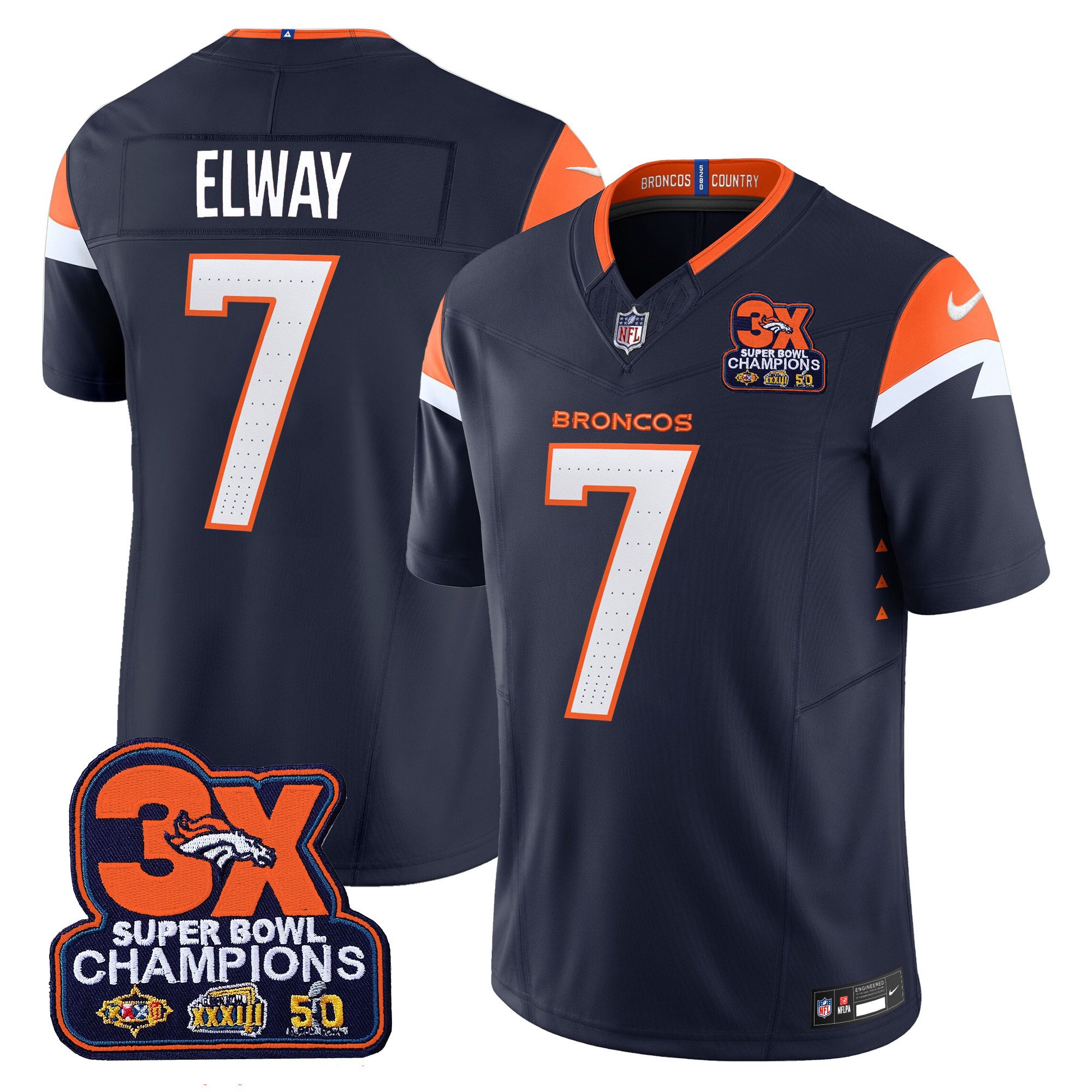 Men's John Elway Denver Broncos 3-Time Champions Patch Vapor Limited Navy Jersey - All Stitched