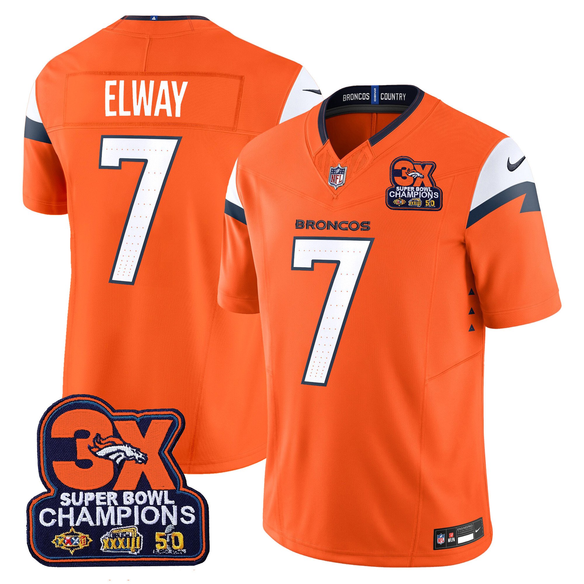 Men's John Elway Denver Broncos 3-Time Champions Patch Vapor Limited Orange Jersey - All Stitched
