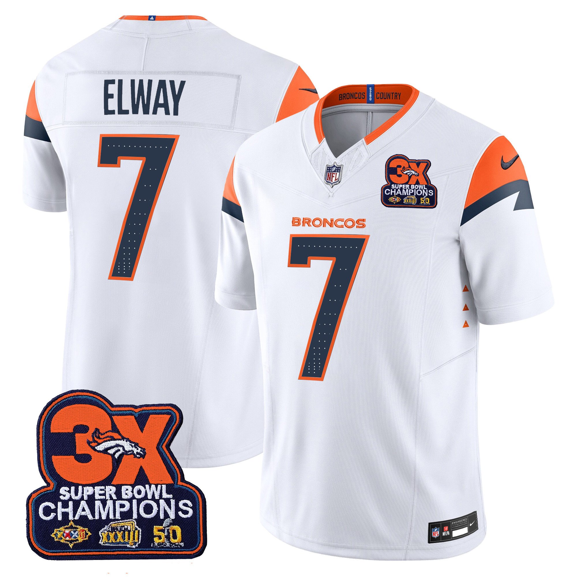 Men's John Elway Denver Broncos 3-Time Champions Patch Vapor Limited White Jersey - All Stitched