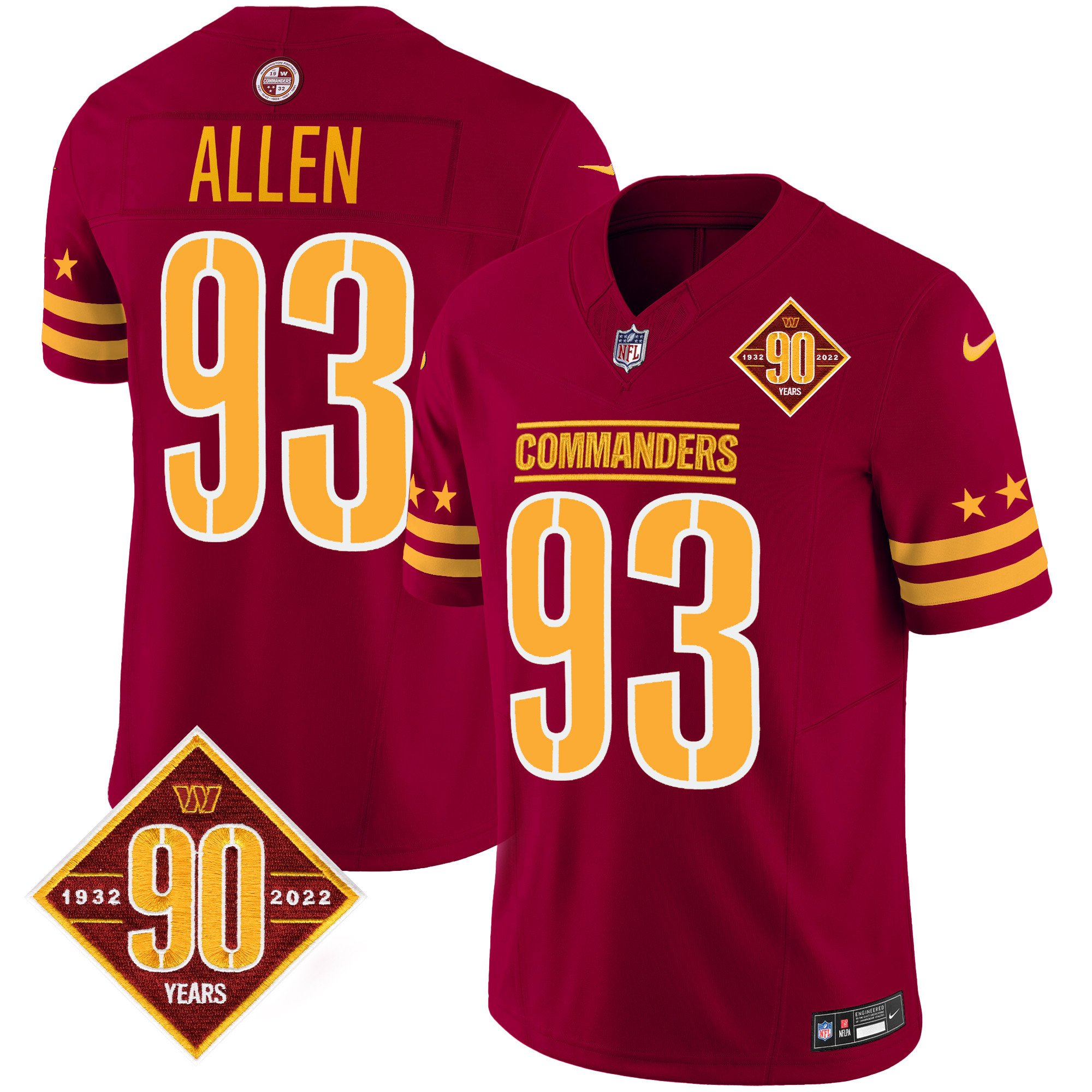Men's Jonathan Allen Washington Commanders 90th Anniversary Patch Vapor Limited Burgundy Jersey - All Stitched