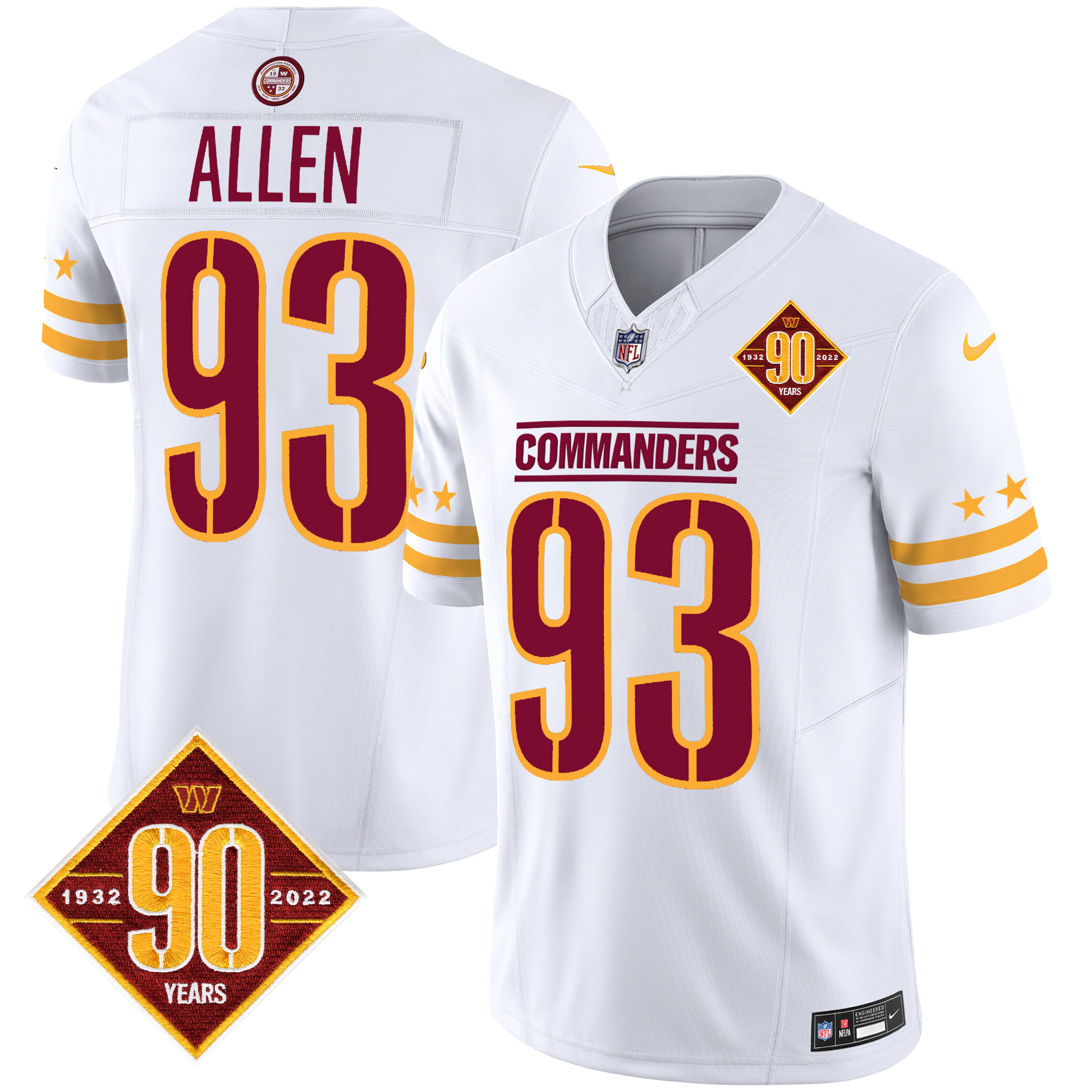 Men's Jonathan Allen Washington Commanders 90th Anniversary Patch Vapor Limited White Jersey - All Stitched