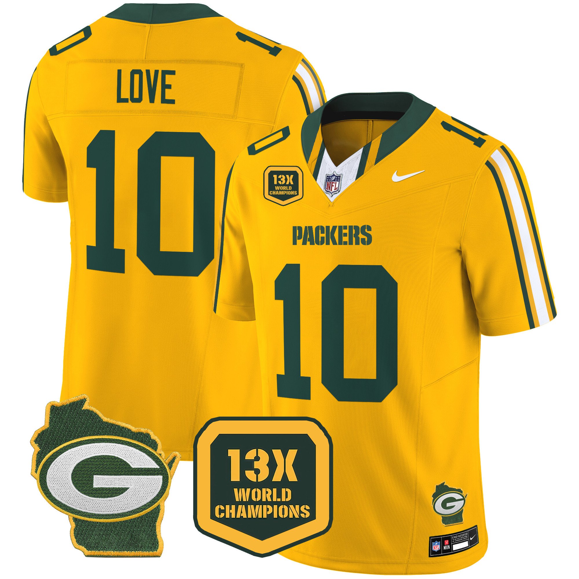 Men's Jordan Love Green Bay Packers 13 Time World Champions & Home Patch Vapor Limited Gold Jersey â€“ All Stitched