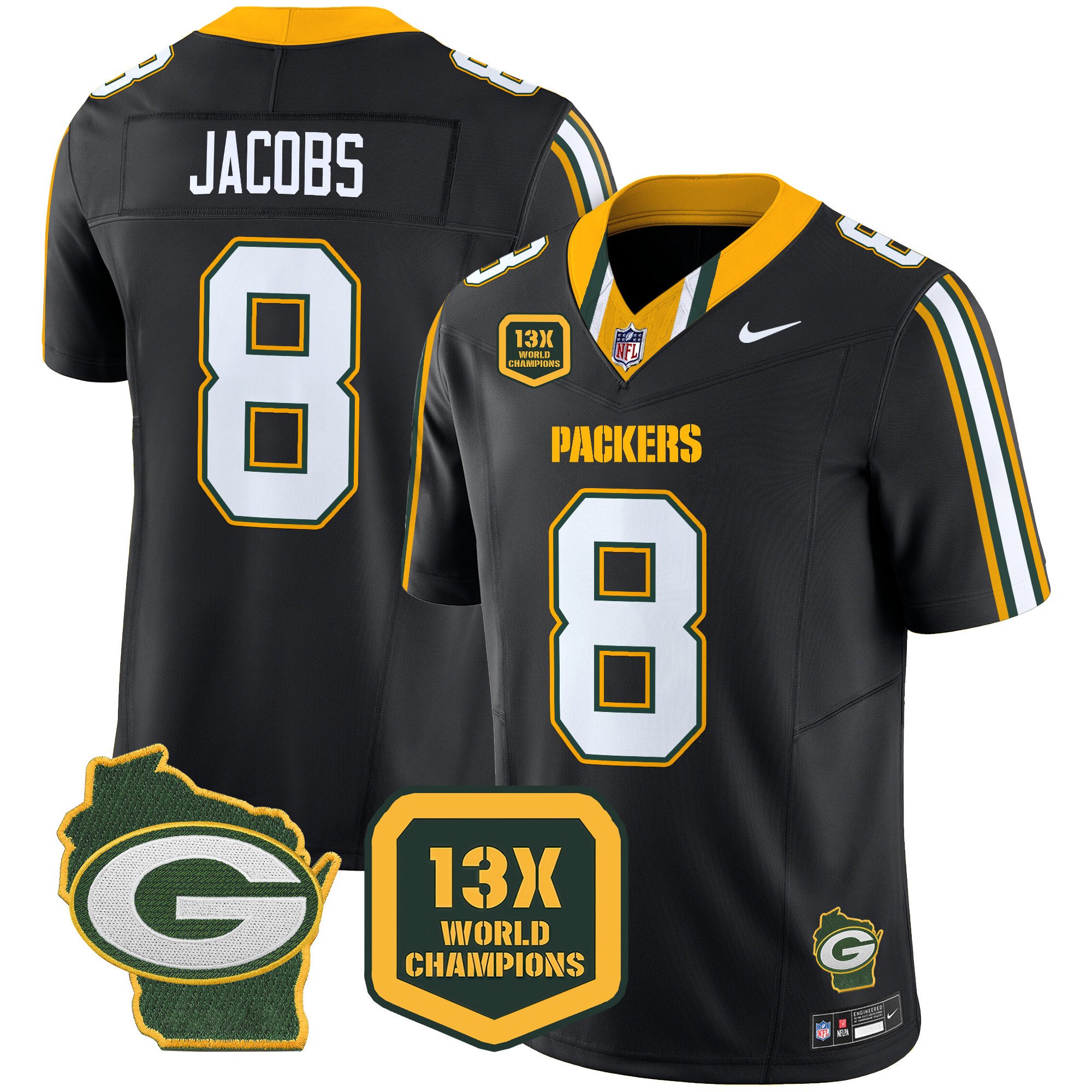 Men's Josh Jacobs Green Bay Packers 13 Time World Champions & Home Patch Vapor Limited Black Jersey â€“ All Stitched