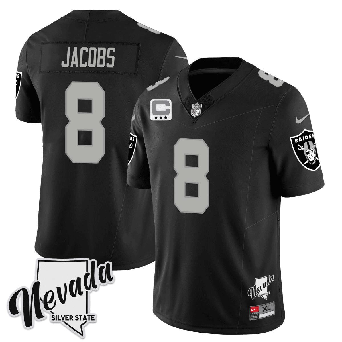 Men's Josh Jacobs Las Vegas Raiders 2023 Nevada Silver State Patch Vapor Black Jersey â€“ All Stitched